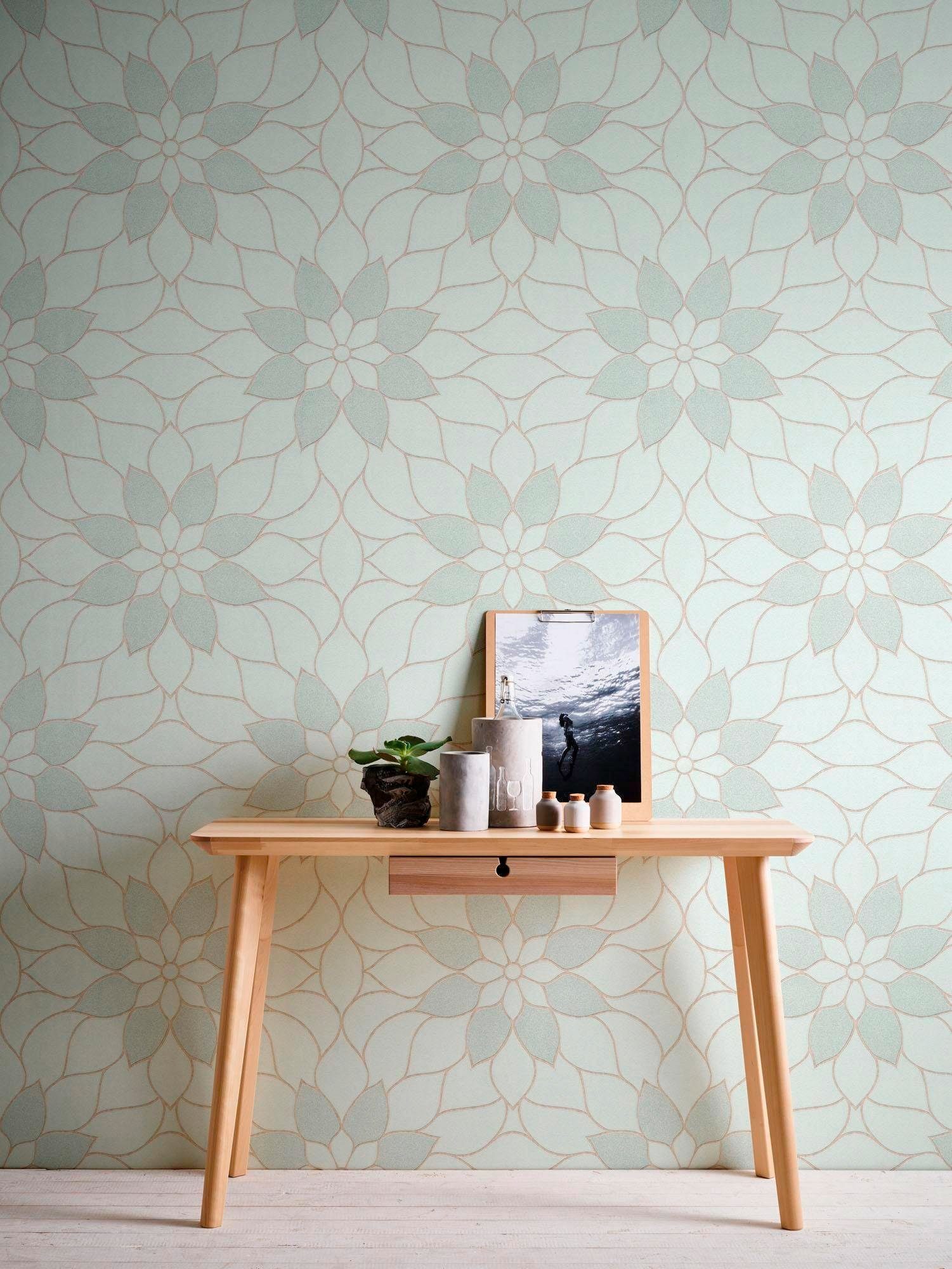 Bricoflor Florale Tapete in Pastellfarben Mosaik Vliestapete Floral mit Gli günstig online kaufen