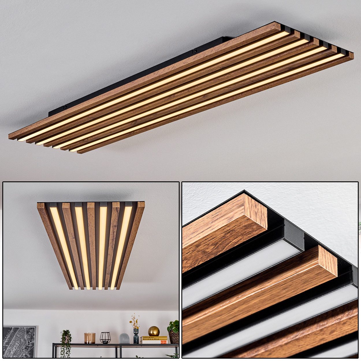 hofstein Deckenleuchte Deckenpanel aus Metall/MDF/Kunststoff in Schwarz/Holzoptik/Weiß, 40 Watt, 3000 Kelvin, Deckenlampe für Schlafzimmer, Esszimmer, Küche