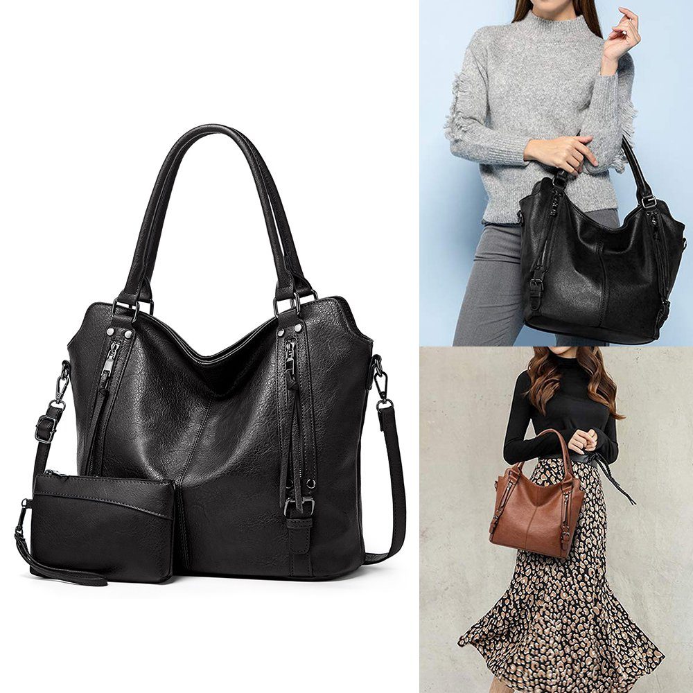 VIVIHEYDAY Umhängetasche Damen Handtaschen Groß Shopper Lederhandtasche  Schultertasche (Hobo Damen Taschen Set, 2PCS), Umhängetasche Geldbörse