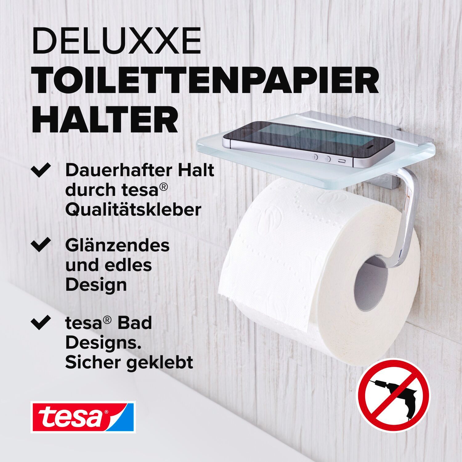 tesa Toilettenpapierhalter DELUXXE WC-Rollenhalter ohne Bohren - 10,1 cm : 16,0 cm : 13,9 cm (Packung, 1-St., inkl. Klebelösung), selbstklebender WC-Rollenhalter - chrom - silber glänzend