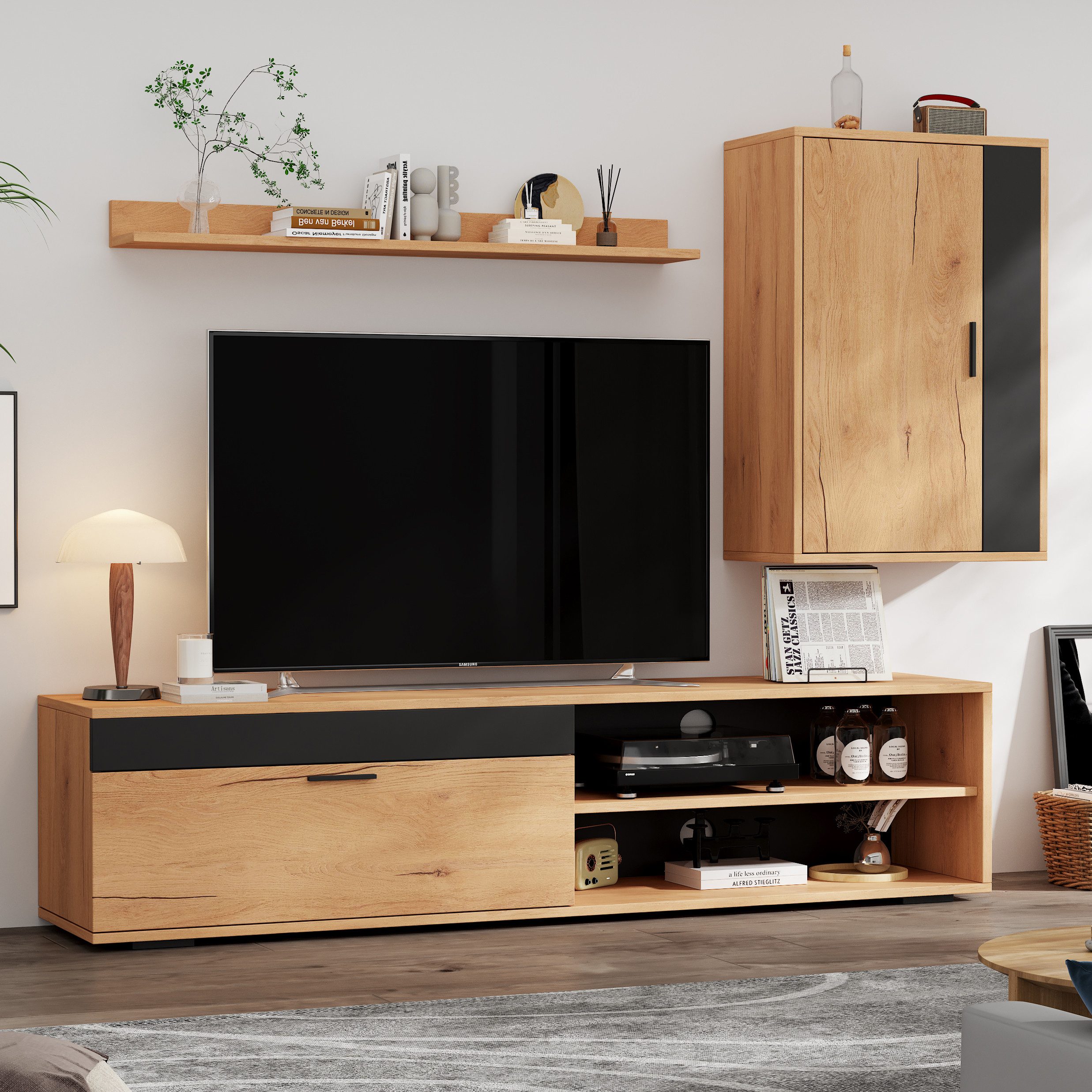 Merax Wohnwand in Holzfarbe, (3-St), 3-teiliges TV-Wohnwand-Set mit V-Schrank, Wandschrank und Wandregal