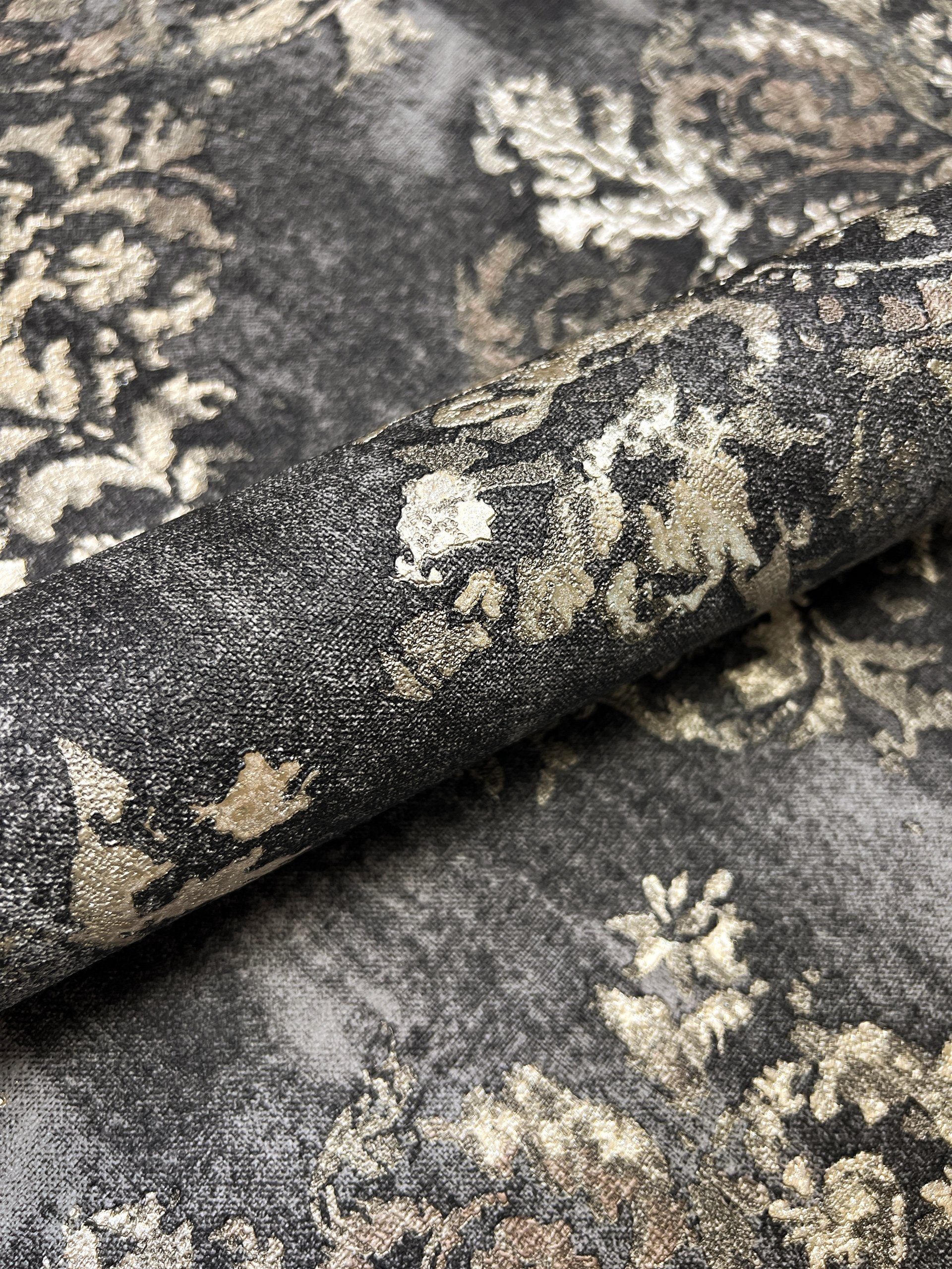 Newroom Vliestapete, Schwarz Tapete Barock Ornament - Barocktapete Gold Gla günstig online kaufen