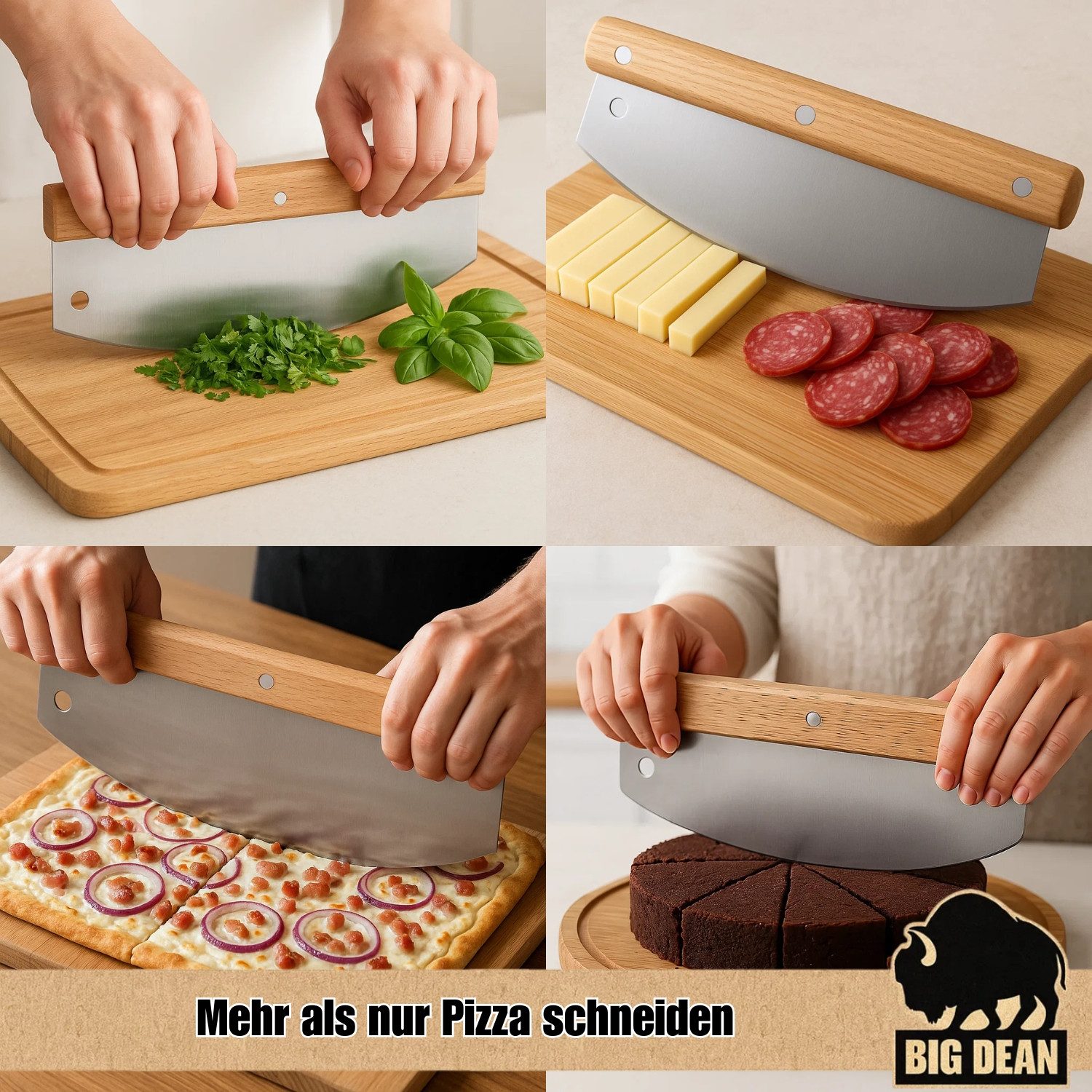 BigDean Pizzaschneider Pizzamesser mit Klingenschutz 32cm Edelstahlklinge - Pizza Wiegemesser, Wellenschliff, Ohne Drücken, Ohne Quetschen