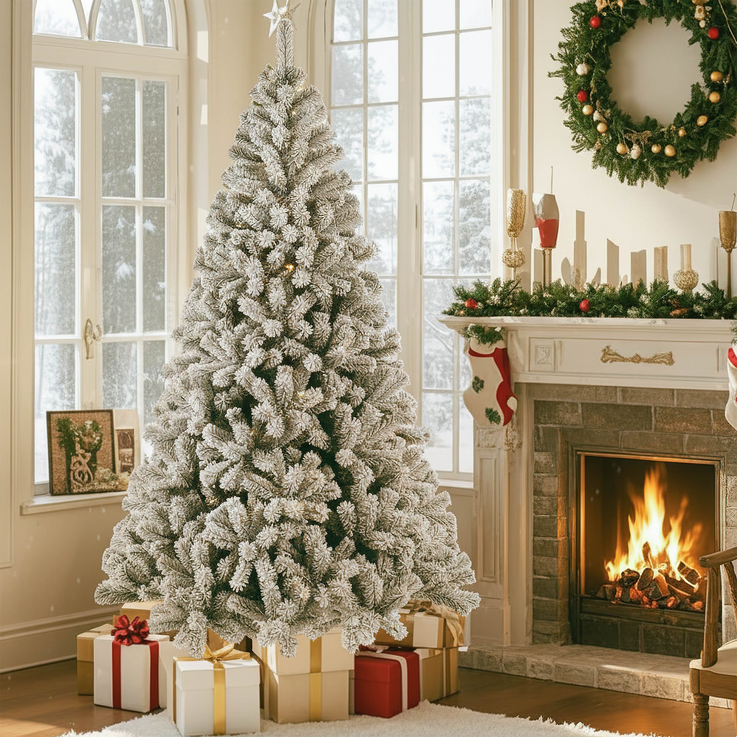 Künstlicher Weihnachtsbaum mit Schnee, Tannenbaum mit Beleuchtung, PVC, 180/210 cm