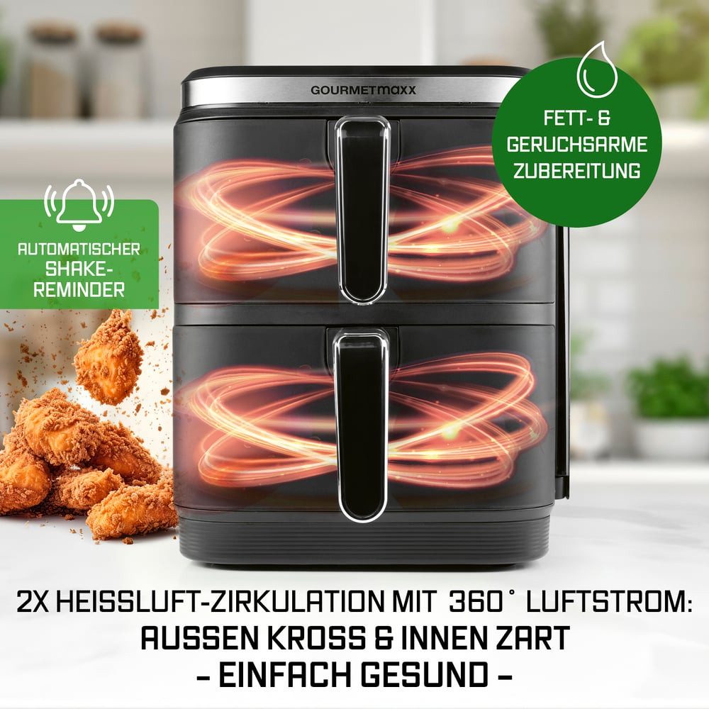 GOURMETmaxx Heißluftfritteuse FryUp Vertikaler Doppelkammer Airfryer 2x 5l, 2800 W, klappbares Touchdisplay, 32% platzsparender, Fassungsvermögen 10L – Bild 4 von 5