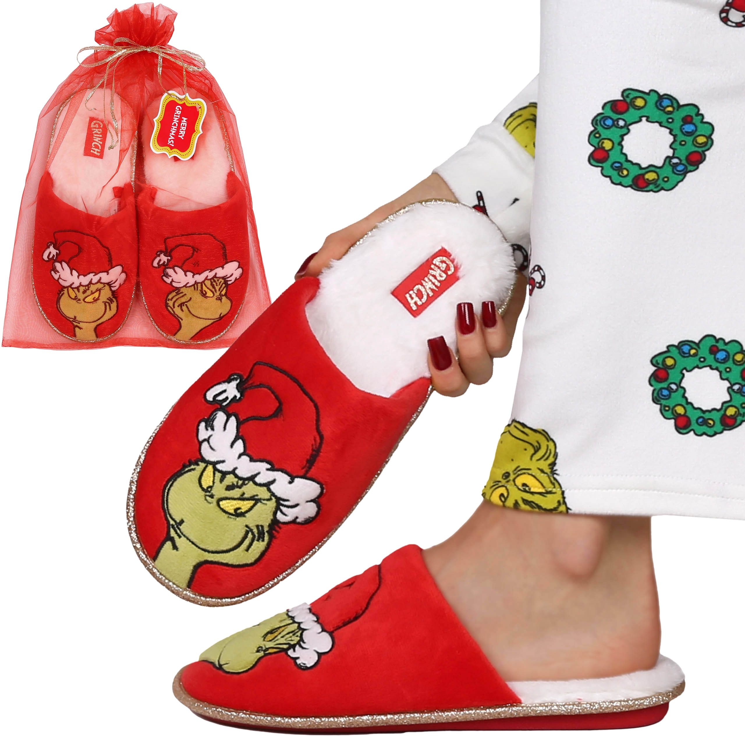 Sarcia.eu Grinch Anti-Rutsch Hausschuhe für Damen + dekorativer Geschenksack Hausschuh