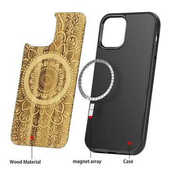 Wigento Smartphone-Hülle Holzfurnier Mandala geprägte Magsafe Hülle Handy Tasche Bambus für Apple iPhone 12 Pro Max 6.7 Zoll