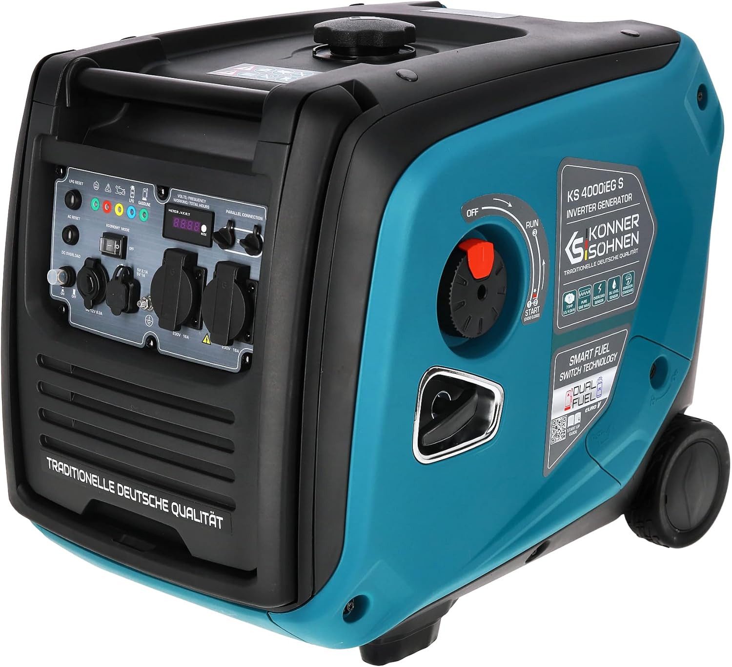 Könner & Söhnen Stromerzeuger KS 4000iEG S, 4,00 in kW, (66 dB Lpa 7m, 2хSchuko 230 V, 2 USB-Anschlüsse, 1-tlg., LED-Anzeige, einfacher Elektrostart, ECONOMY-Modus), Kupferwicklung, Kurzschluss- und Überlastschutz, EURO V