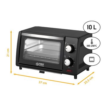 TZS FIRST AUSTRIA Minibackofen 10L Mini Backofen, 800W, bis 230 Grad, stufenlose Temperaturregelung, 60 Minuten Timer, 2 Einschubhöhen, Doppelglastür, Mini Ofen