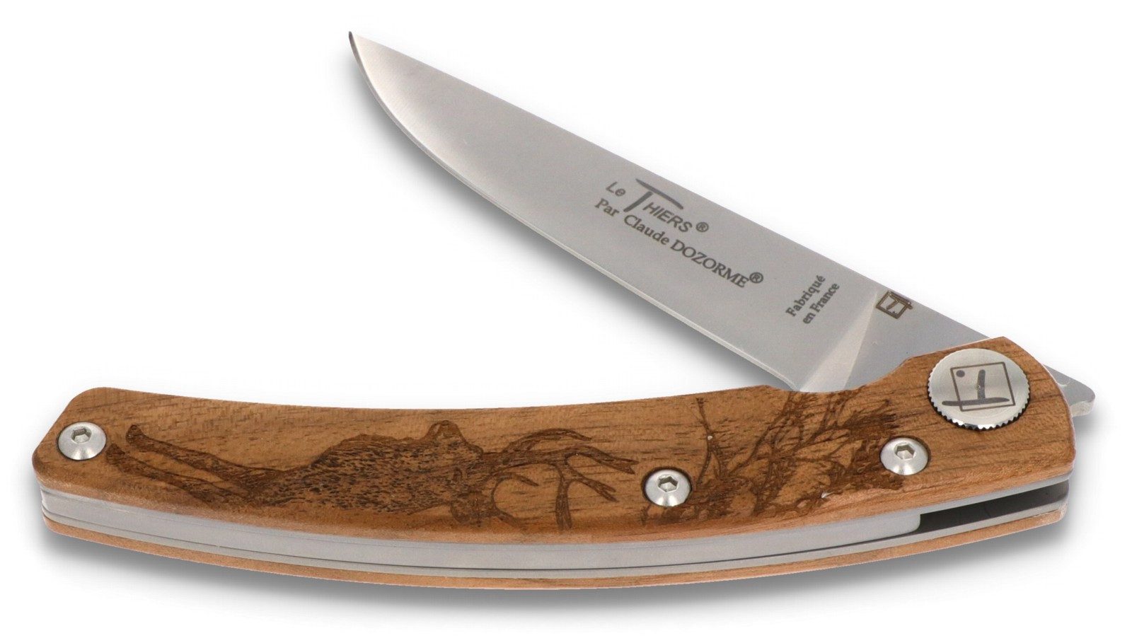 Claude Dozorme Taschenmesser 1.90.171.06CE, Le Thiers "Hirsch" - Griff 12.5 cm Nussbaum - LinerLock - Stahl matt