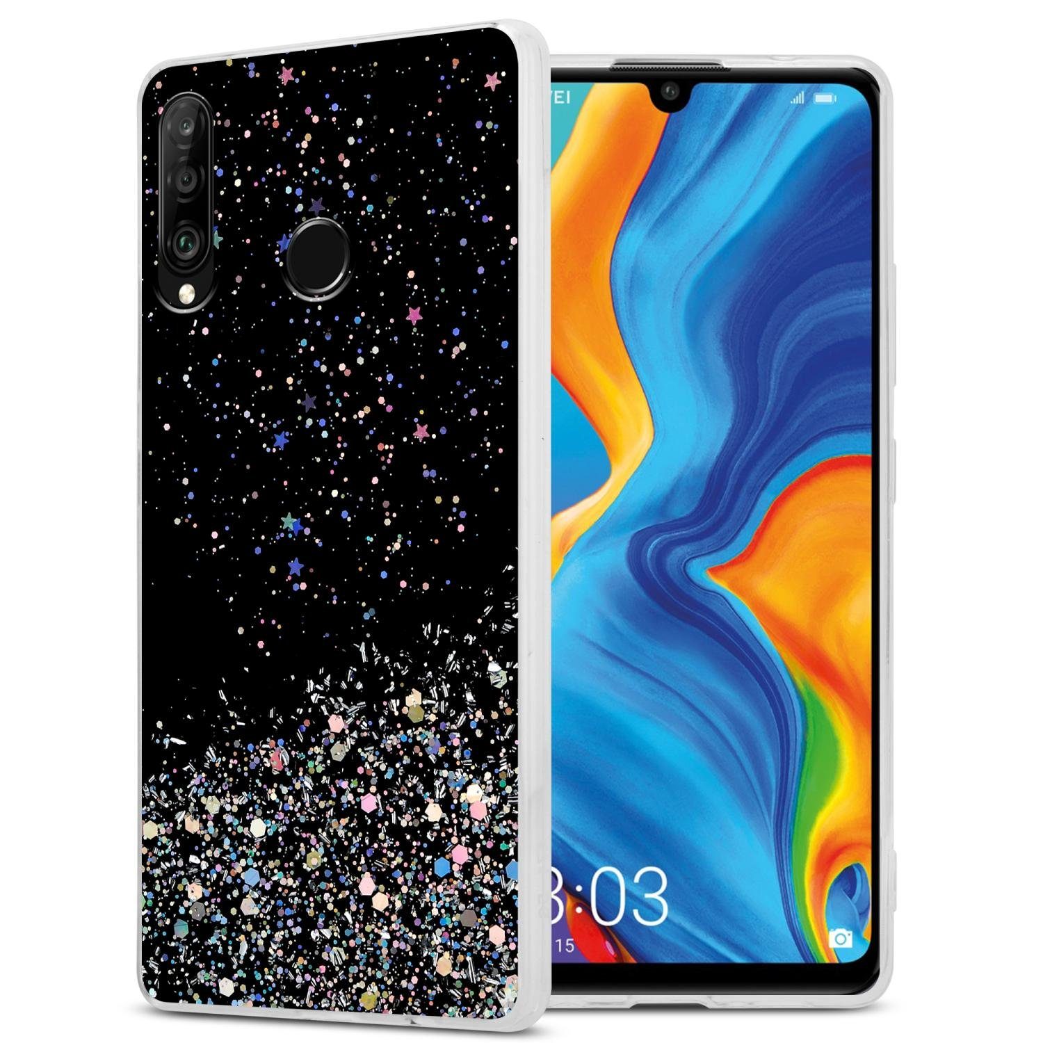 Cadorabo Handyhülle für Huawei P30 LITE Hülle Huawei P30 LITE, Flexible TPU Silikon Handy Schutzhülle - Hülle - mit Glitzer