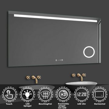 duschspa Badspiegel 80-140cm Kaltweiß, Uhr, Touch, Beschlagfrei energiesparend, 3x Vergrößerung LED Schminkspiegel