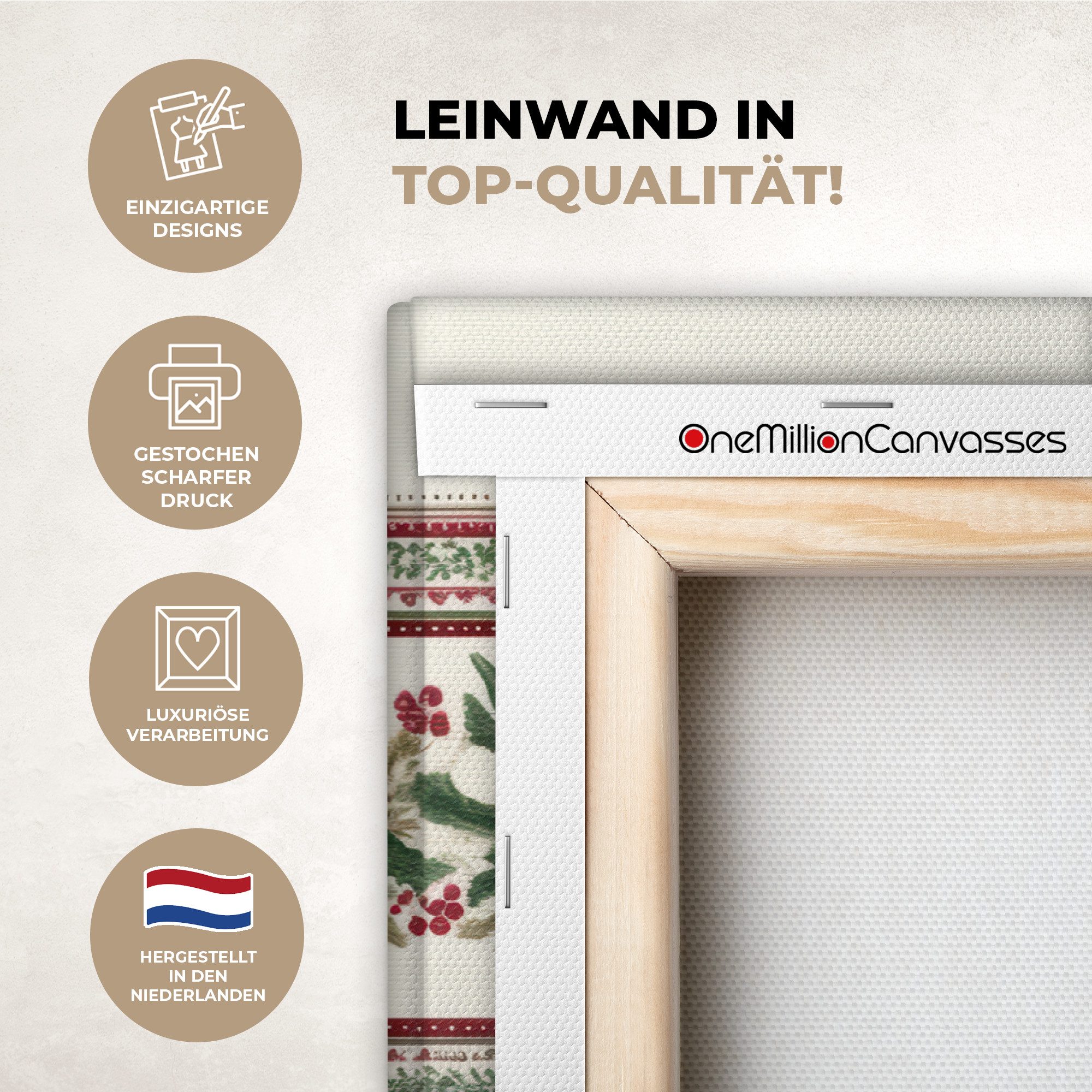 OneMillionCanvasses® Leinwandbild Panorama Weihnachtsstreifen - Weihnachtsstern - Rot - Grün, Fotodruck (1 St), Wandbild, Deko Schlafzimmer Wohnzimmer Flur 40x20 cm