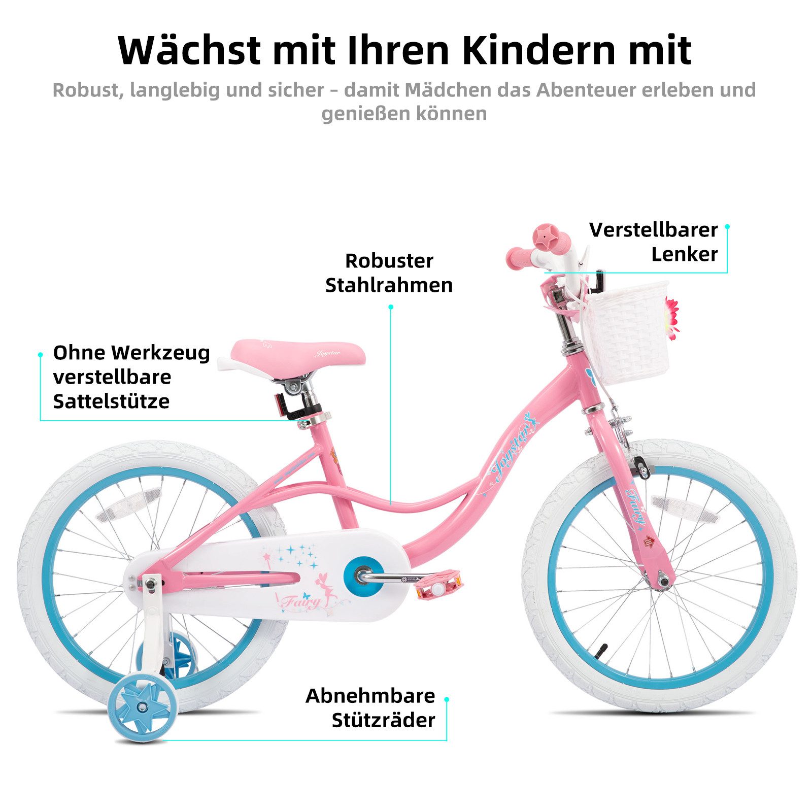 JOYSTAR Kinderfahrrad Mädchen‑Kinderfahrrad Stützrädern & Bremse für Spiel & Freizeit 2‑9 J., mit Stützräder, Handbremse und Korb, Geschenke für Prinzessinnen – Bild 2 von 5