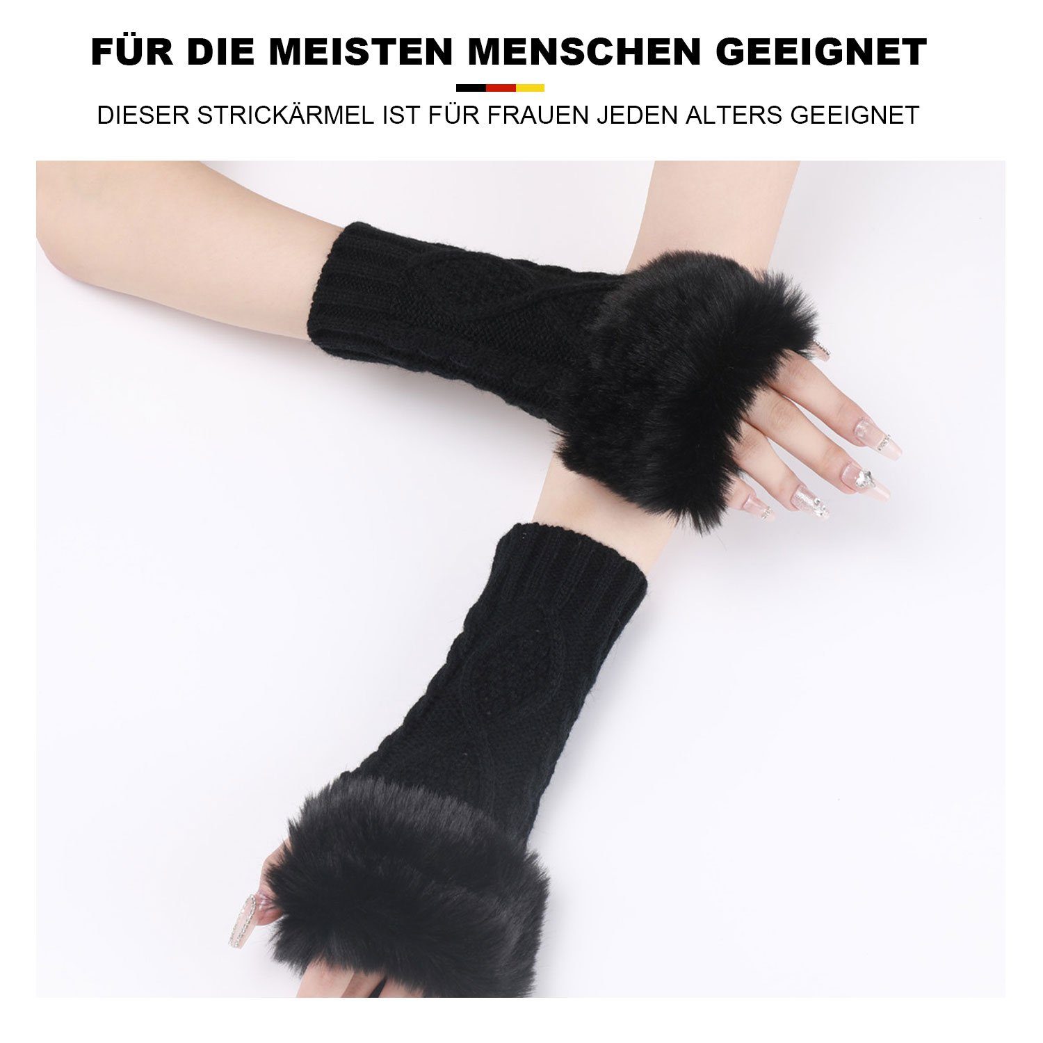 Strickhandschuhe Schwarz Gestrickte Damen Kunstpelz Fingerlose Handschuhe MAGICSHE