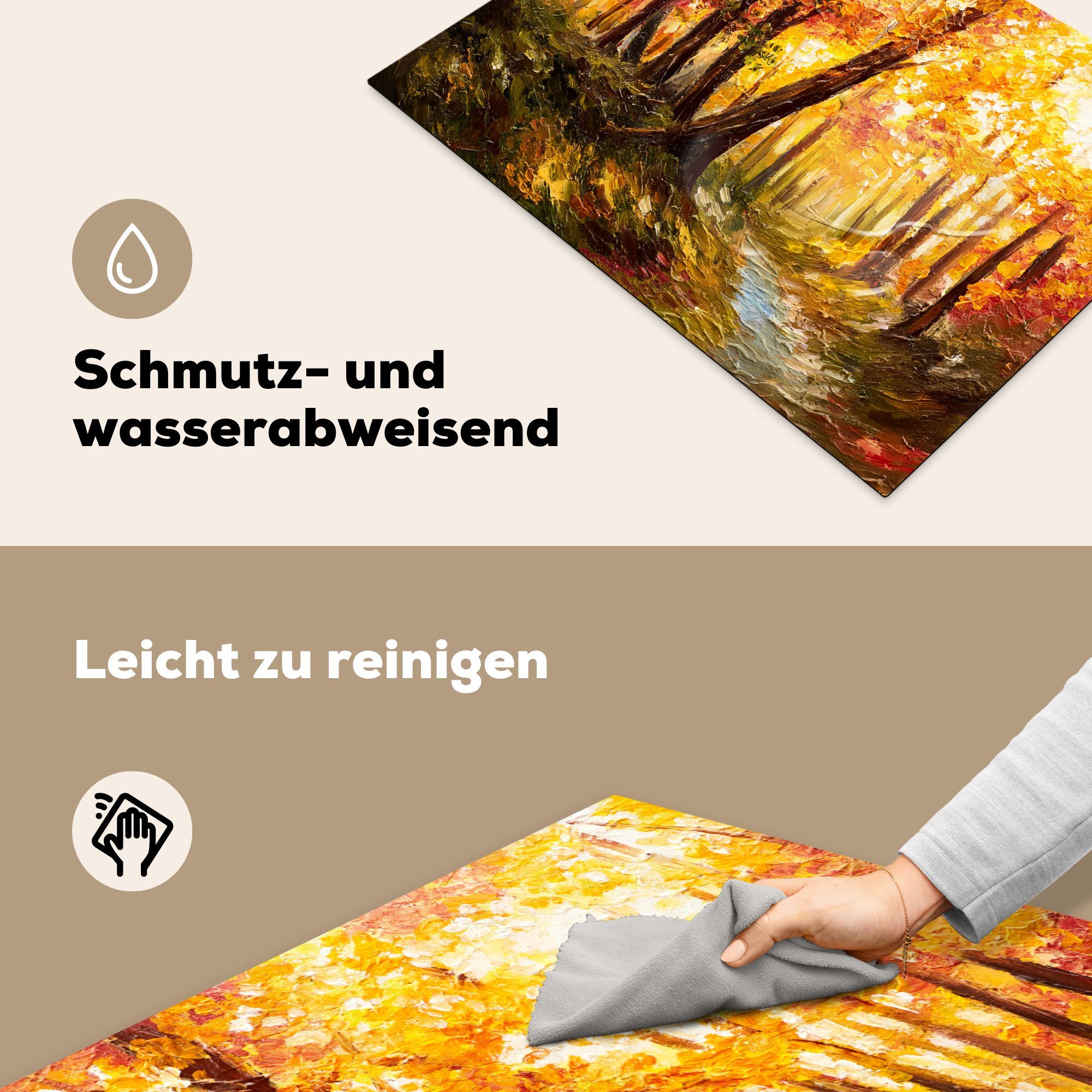MuchoWow Herdblende-/Abdeckplatte Gemälde - nutzbar, Ceranfeldabdeckung Ölgemälde, Herbst - Arbeitsfläche Mobile tlg), Wald Vinyl, 70x52 (1 - cm