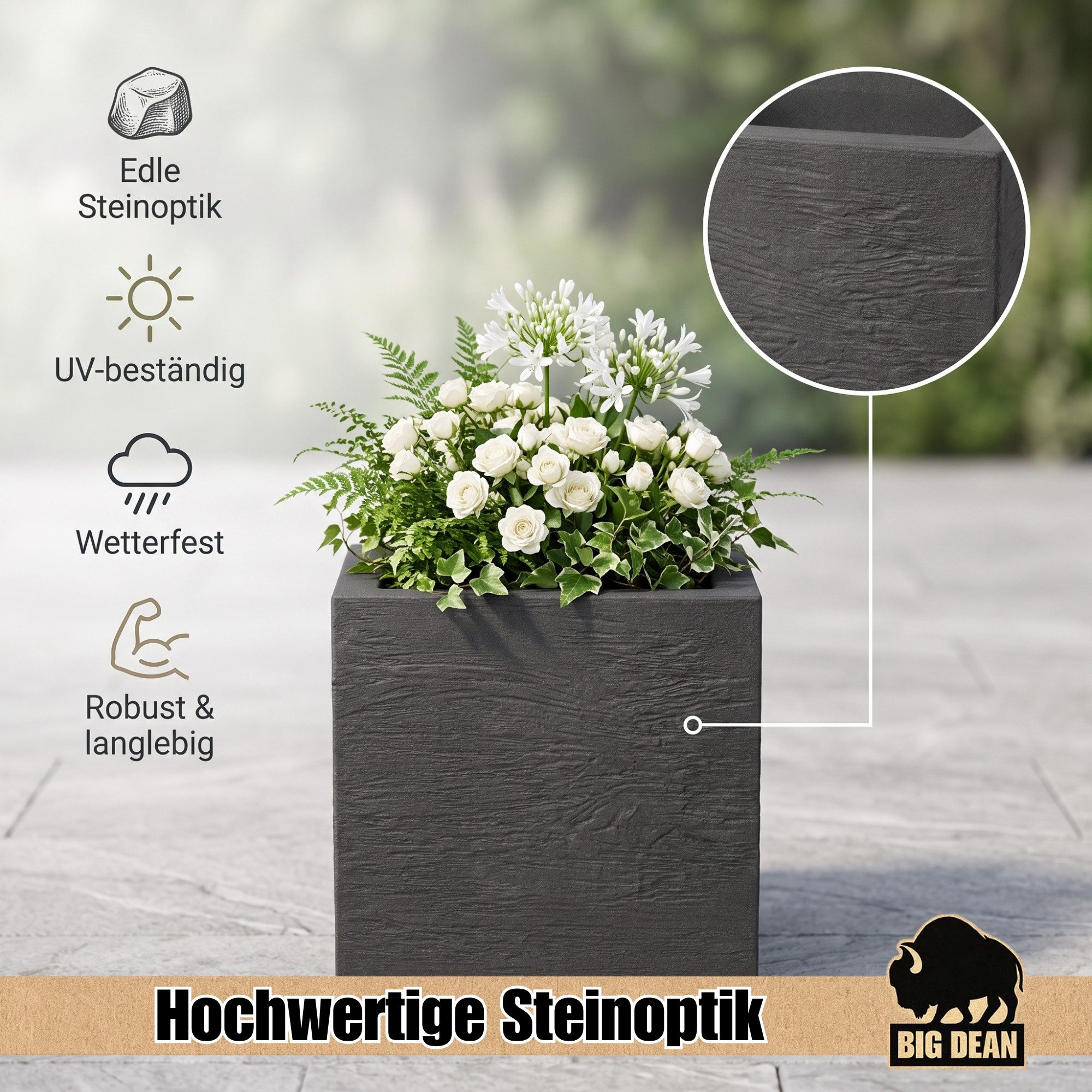 BigDean Pflanzkübel Blumentopf Gross 39x39cm Quadratisch für Draussen (2 St), Zeitlose Steinoptik, UV- & Wetterbeständig, Made in Europe – Bild 5 von 5