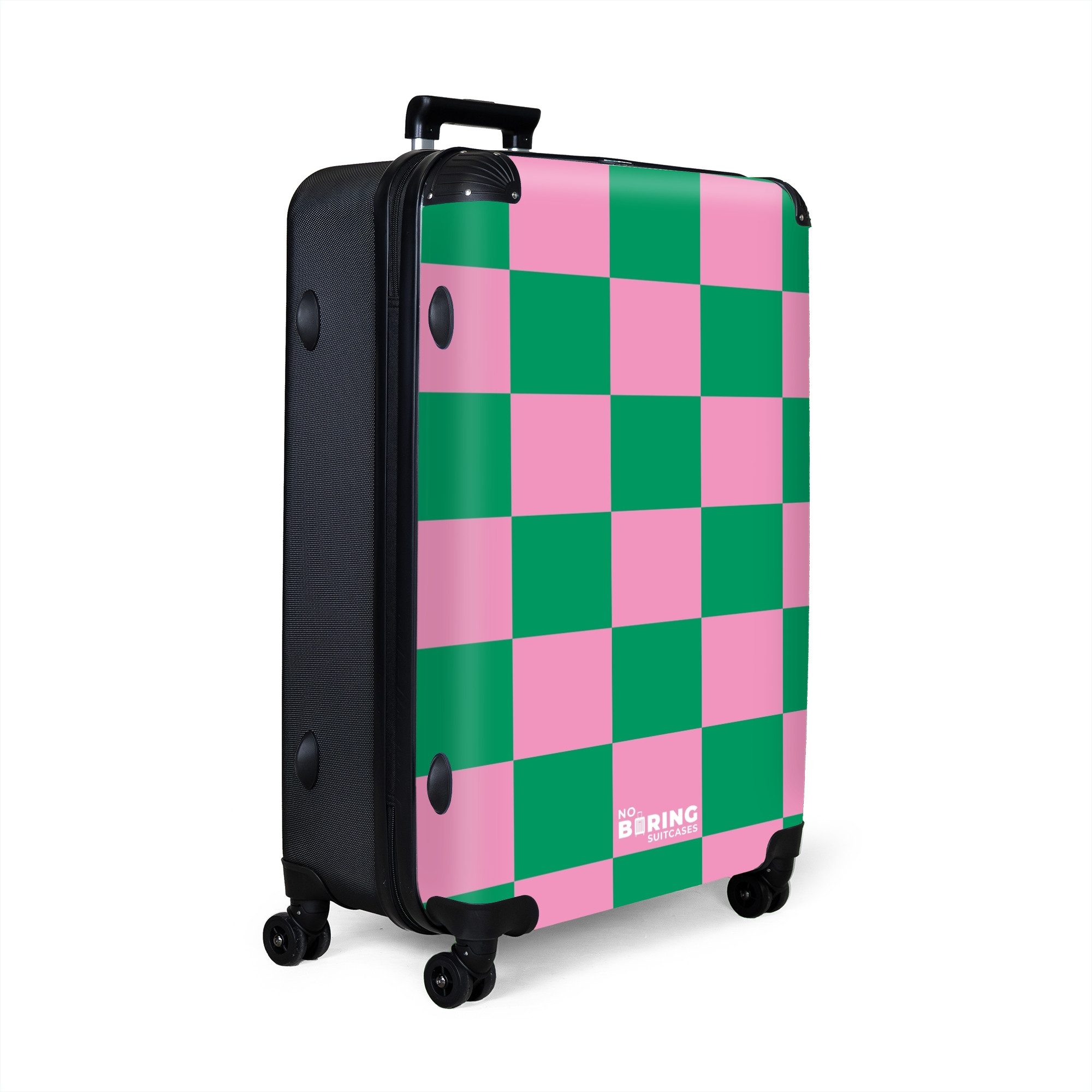 NoBoringSuitcases.com© Hartschalen-Trolley Rosa mit grünem Schachbrettmuste günstig online kaufen