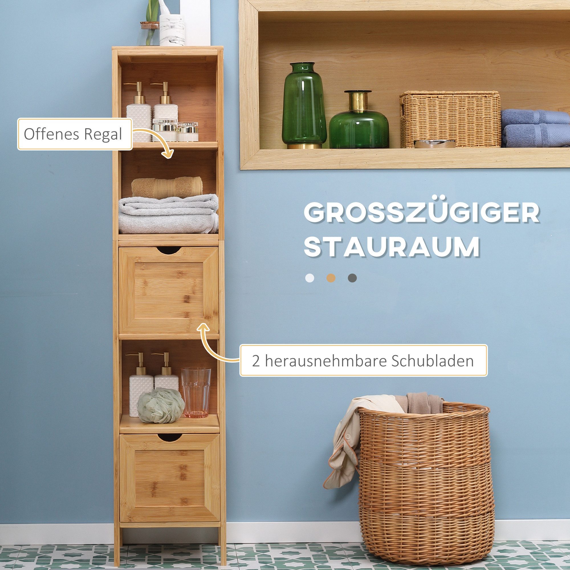 Kleankin Badkommode Beistellschrank Aufbewahrungsschrank mit 2 Schubladen, 3 Ablagen (Badschrank, 1 St., Badezimmerschrank), Naturholz, 30 x 30 x 140 cm – Bild 4 von 5