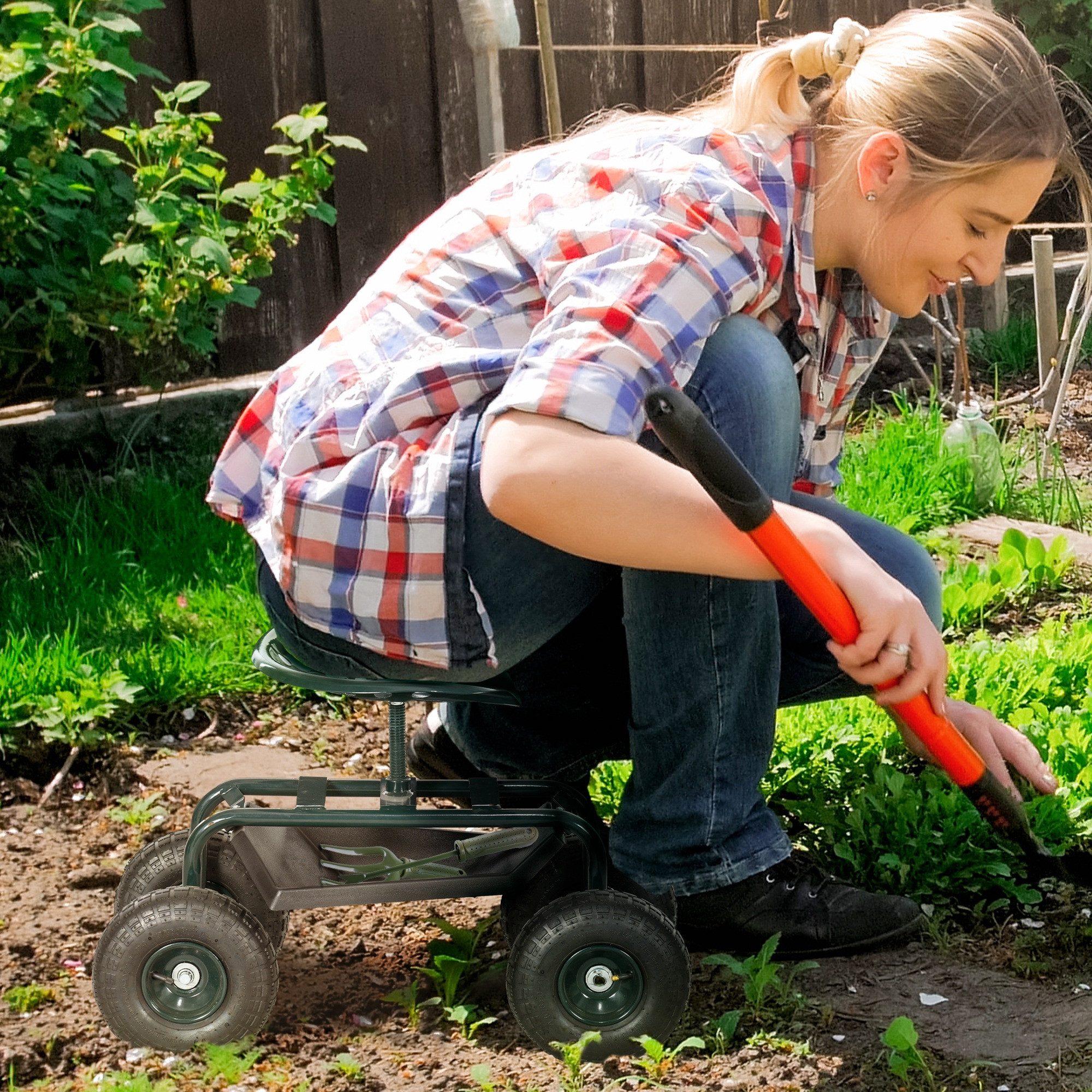 Outsunny Werkzeugwagen Rollsitz Werkstattwagen mit Ablage Korb, mit Stauraum, max. Traglast:150 kg, (Gartenrollsitz, 1-tlg., Arbeitssitz), für kleine Gartengeräte Stahl Grün