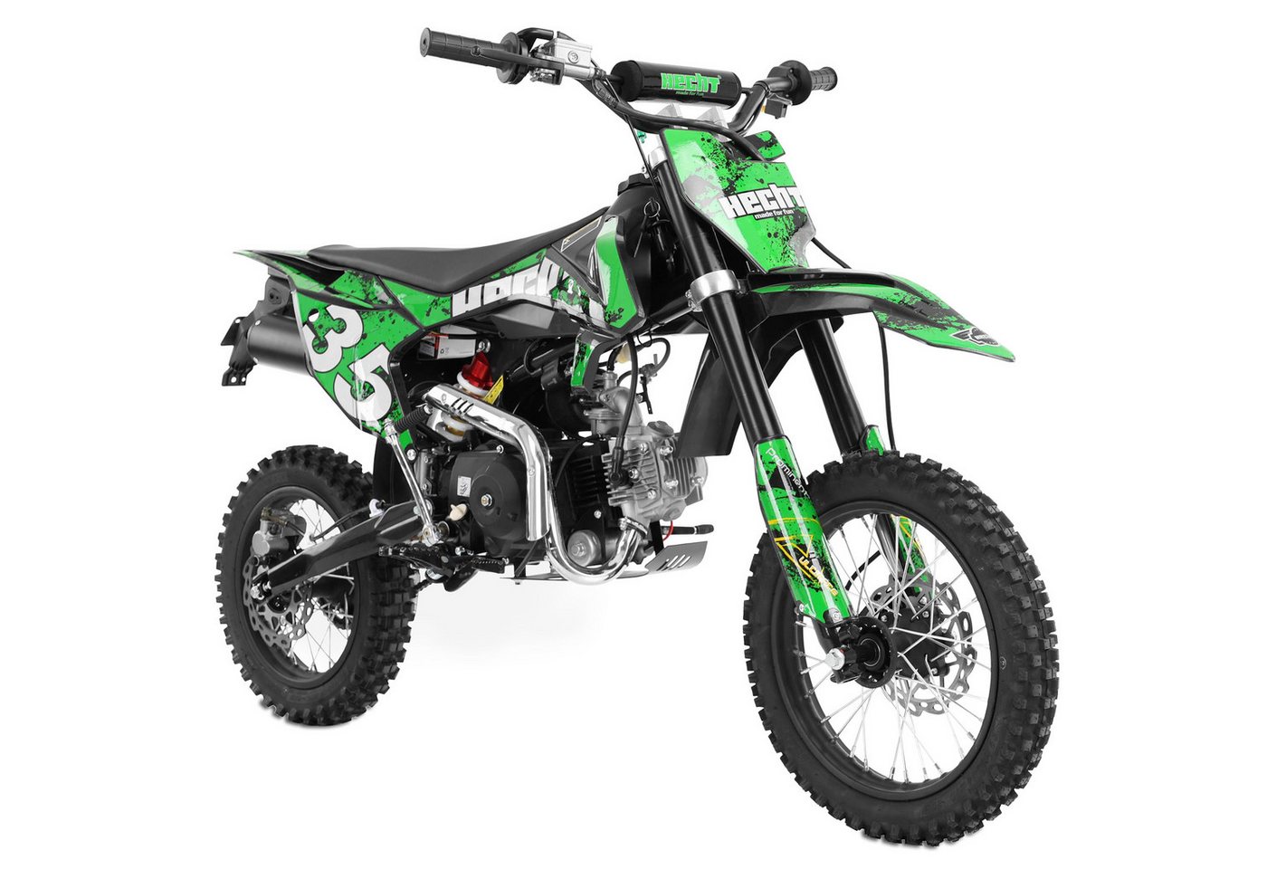 Hecht Elektro-Kindermotorrad 51125 Green 125 ccm 4-Takt Benzin Motocrossbike Offroad Pocketbike, Elektrostart, hydraulische Scheibenbremsen, Stollenreifen
