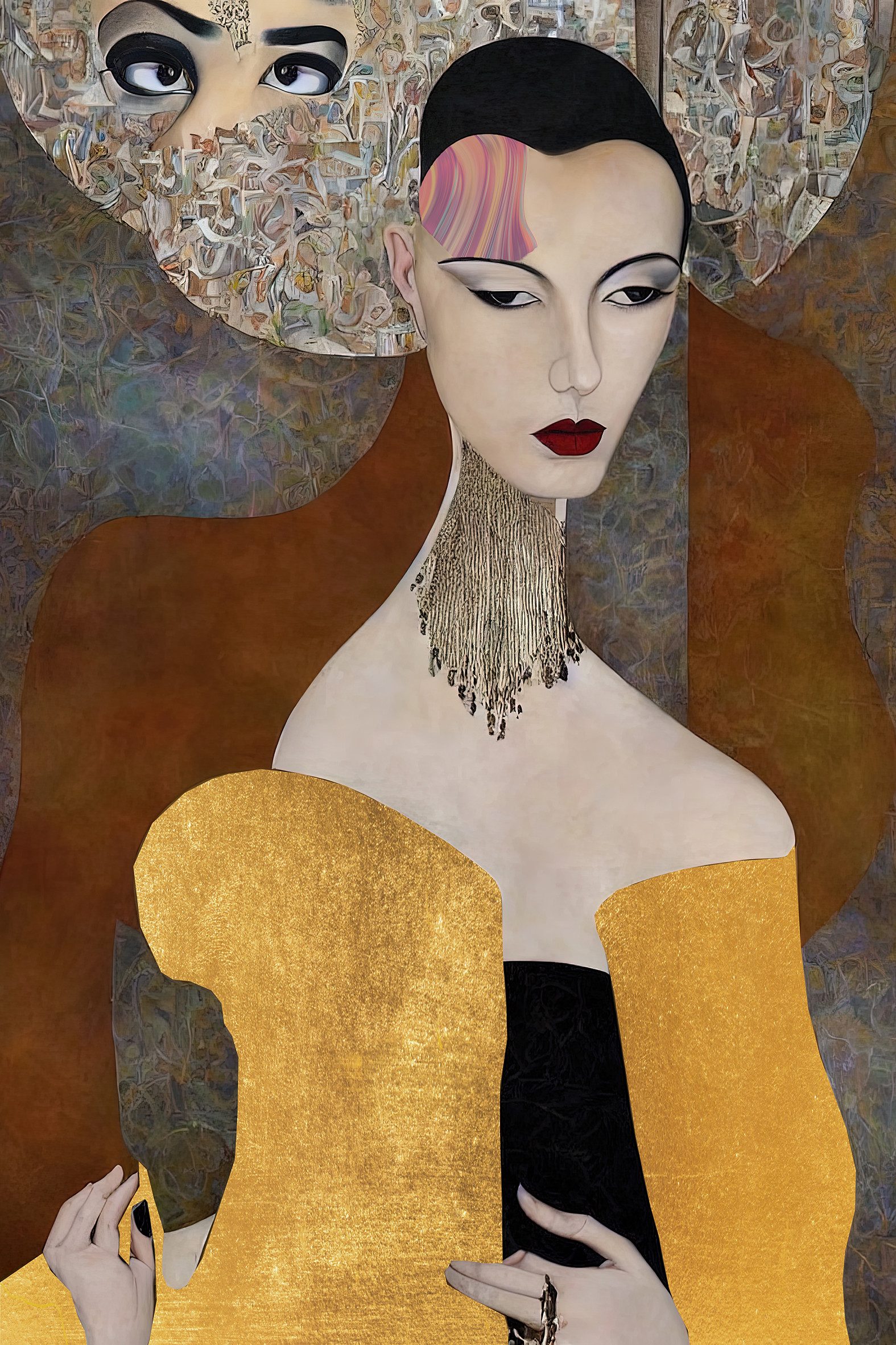queence Acrylglasbild Wandbild, Goldbild, Bild Kunstkopie, Frau mit verschiedenen Gesichtern, Abstrakte, Fantasy, Kunst, Handveredelt mit Blattgold für eine edle und zeitlose Optik.
