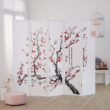 Homestyle4u Paravent 5tlg Raumteiler Kirschmuster Kirschblüten weiß, 5-teilig