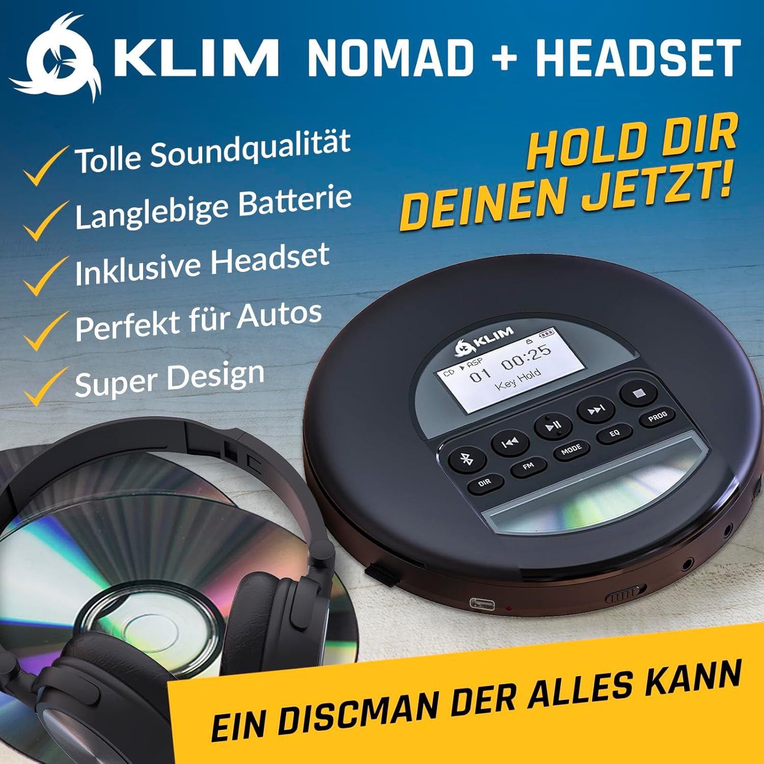 KLIM Nomad tragbarer CD-Player (Bluetooth, Discman mit On-Ear Kopfhörer, Ideal für Autos, MP3)