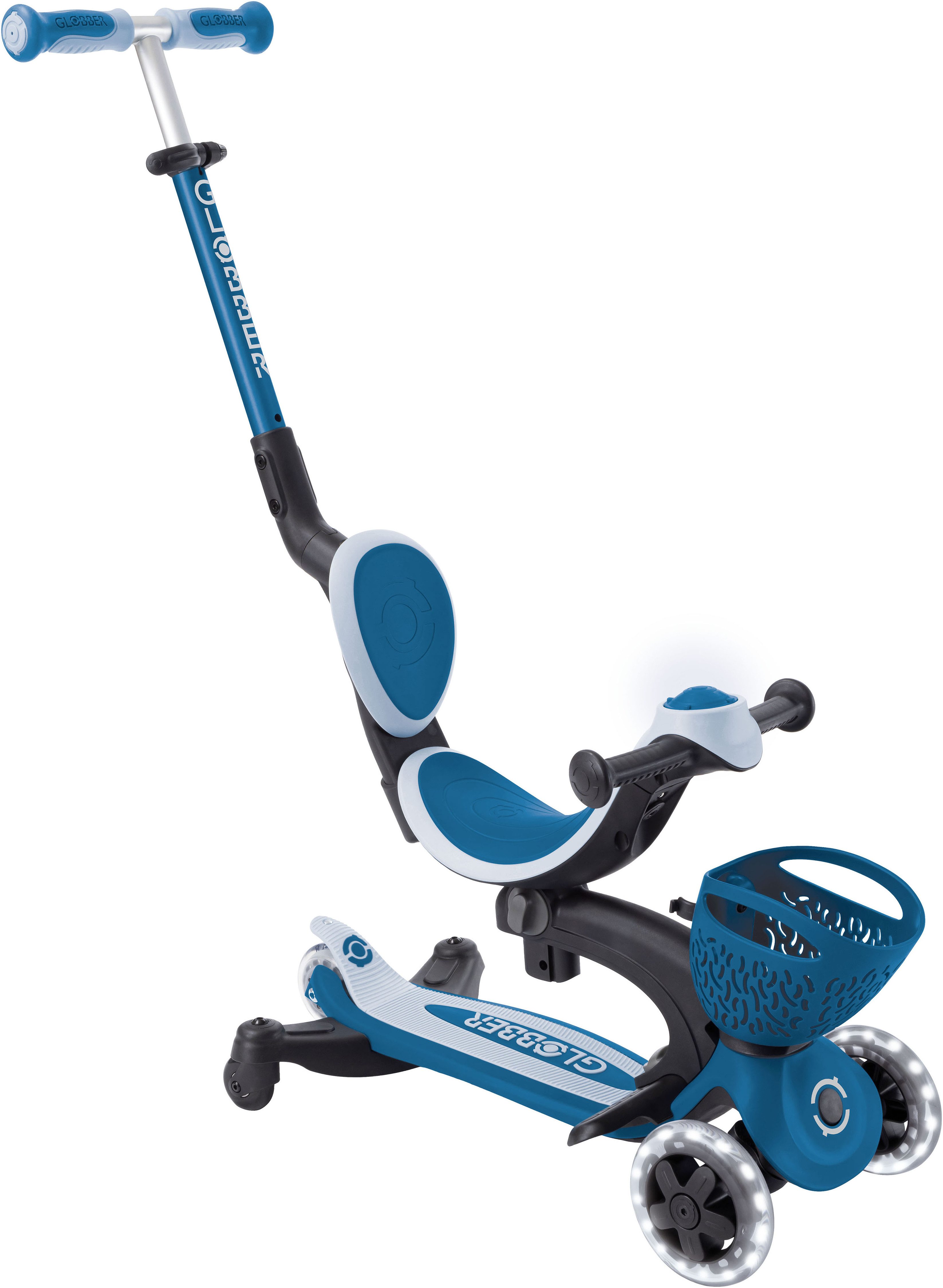 Globber Tretroller GO-UP BABY 360 LIGHTS, mit Leuchtrollen und Leuchtmodul, Aufsitzrad, Laufrad und Scooter in Einem