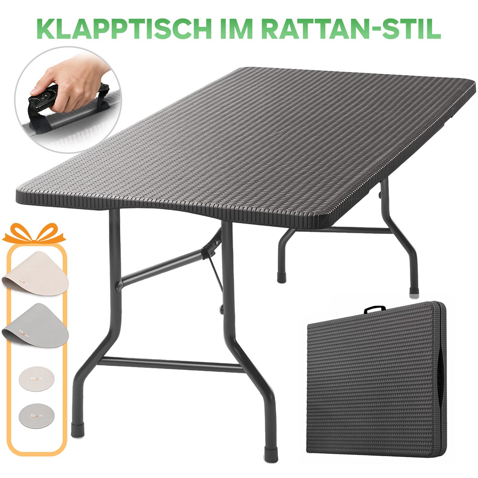 Eiryss Klapptisch 180x74 cm Tragbar Klappbar Gartentisch, Bis 150 kg, für 8-10 Personen (1), Campingtisch Partytisch Buffettisch, Witterungsbeständig