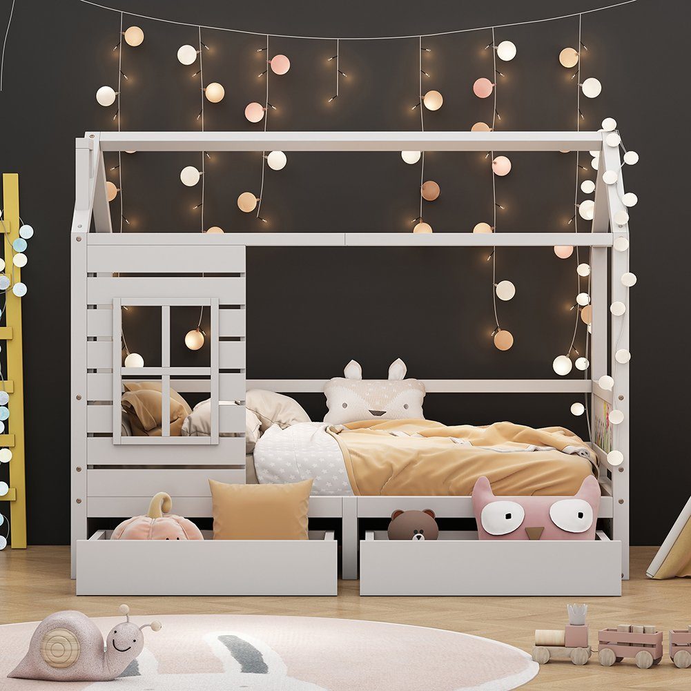 Hausbett, Kinderbett 200x90 cm mit Rausfallschutz und Lattenrost, Massivholzbett Jugendbett für Mädchen & Jungen