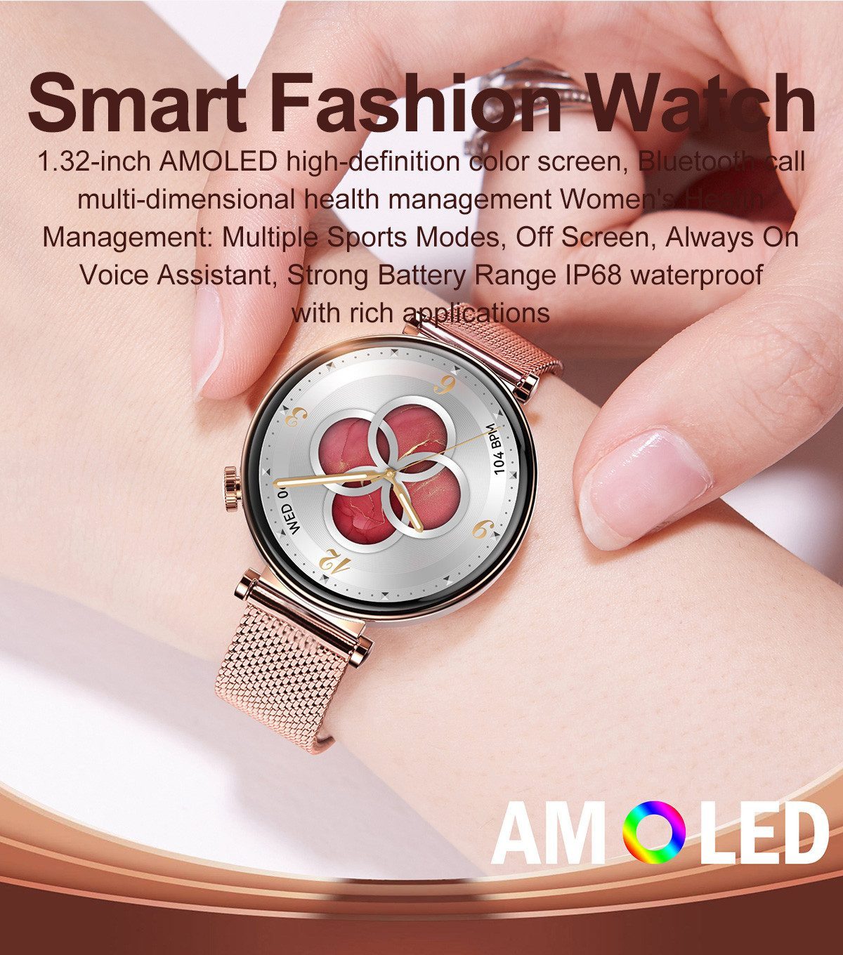 Zevelora Damen IP68 wasserdicht AMOLED Display Fitness-Tracker HD Smartwatch (3,3 cm/1,32 Zoll, Android/iOS), 1-tlg., mit AMOLED HD-Touchscreen, Bluetooth Smartwatch mit Herzfrequenzmesser und Aktivitäts-Tracker