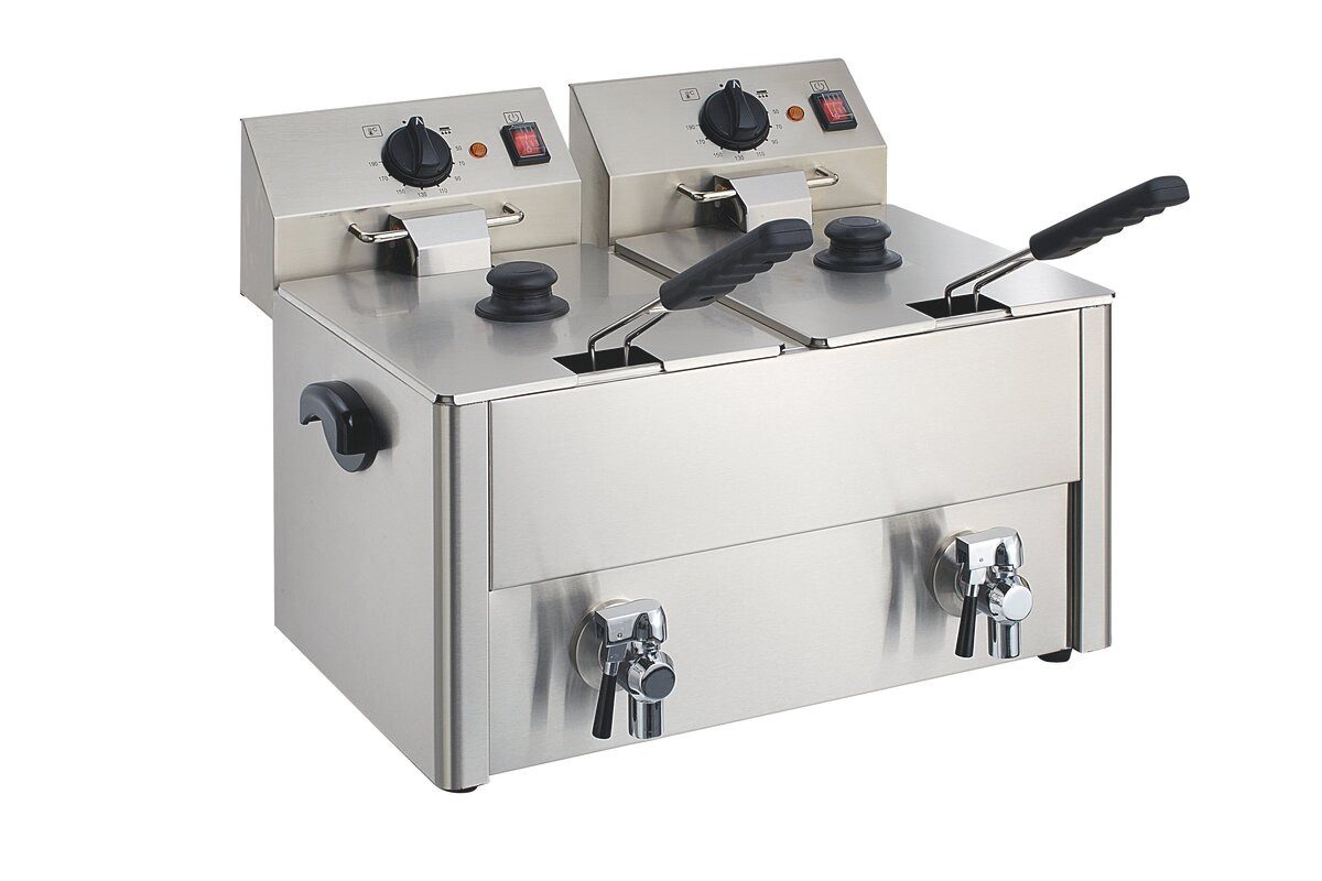 GastroHero Fritteuse Doppel Fritteuse ECO 10+10 Liter mit Ablasshahn Edelstahl, 3250 W