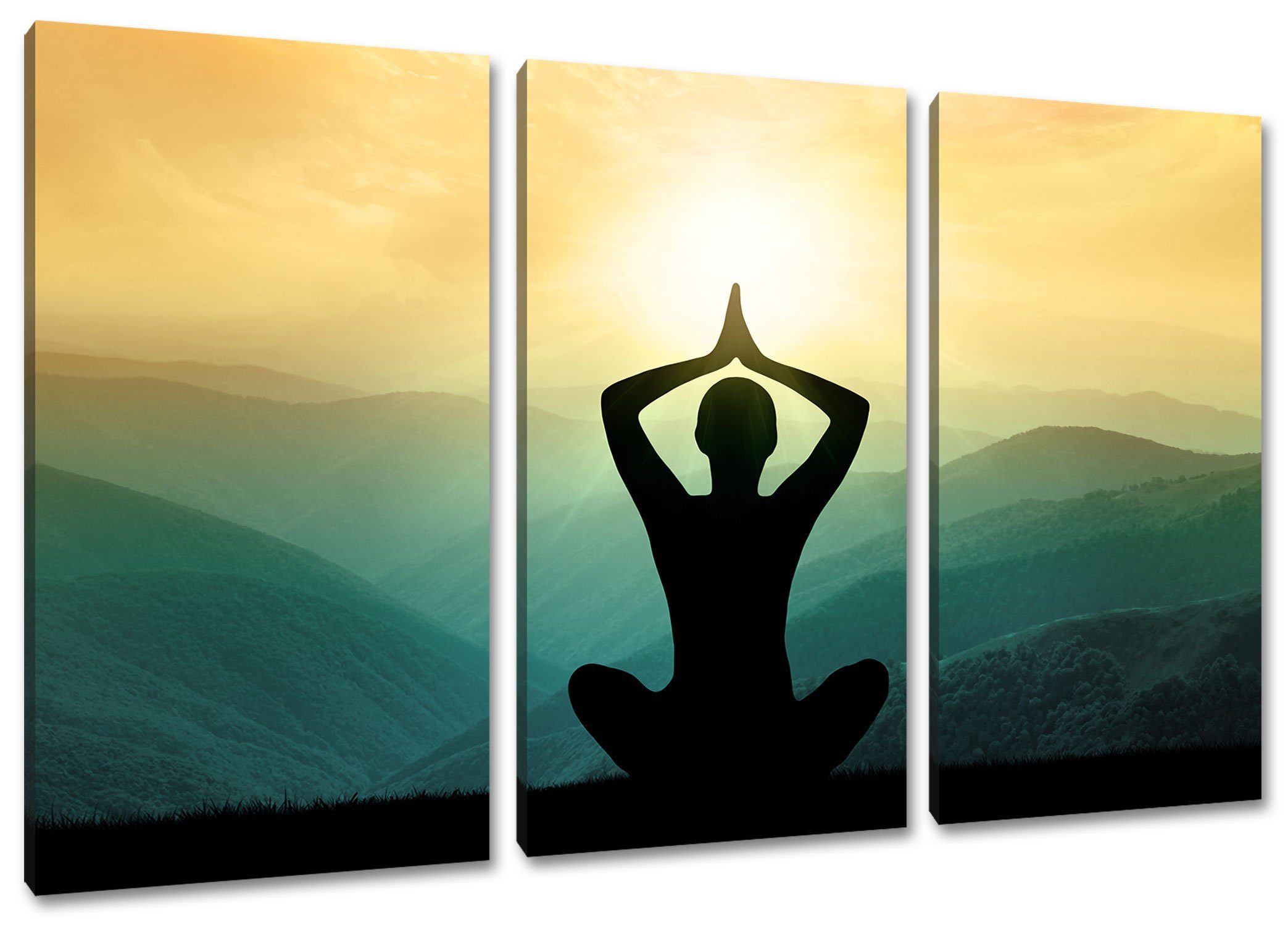 Pixxprint Leinwandbild Yoga und Meditation, Meditation St), fertig 3Teiler Yoga und bespannt, (1 (120x80cm) inkl. Leinwandbild Zackenaufhänger