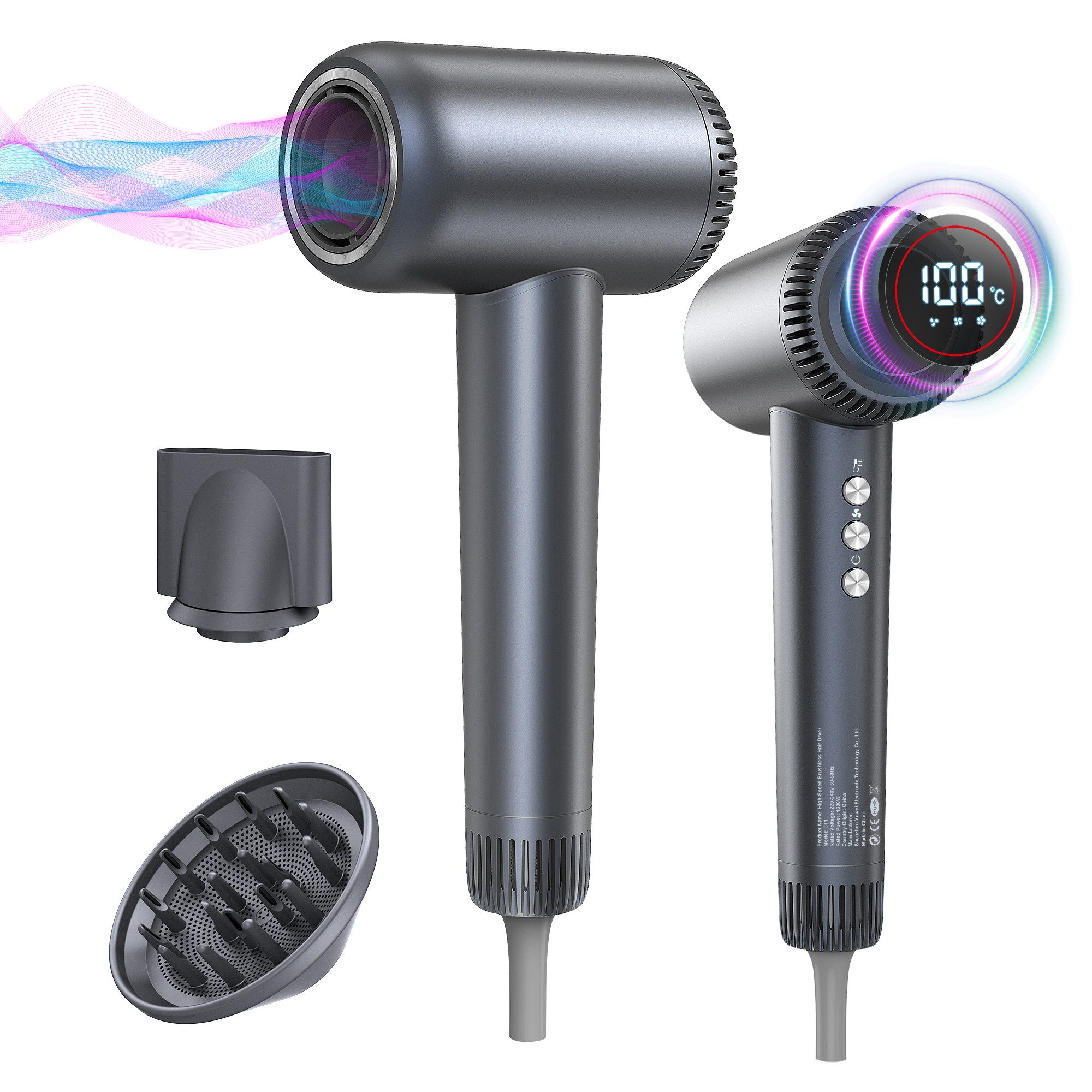 Forrlite Haartrockner Hochgeschwindigkeits-Haartrockner,Föhn mit Diffusor, Stylingdüse mit, 1600 W, Halterung, 4 Temperaturstufen, 3 Gebläsestufen, 180.000 U/min, Bürstenloser Motor, 200 Mio. Negative Ionen