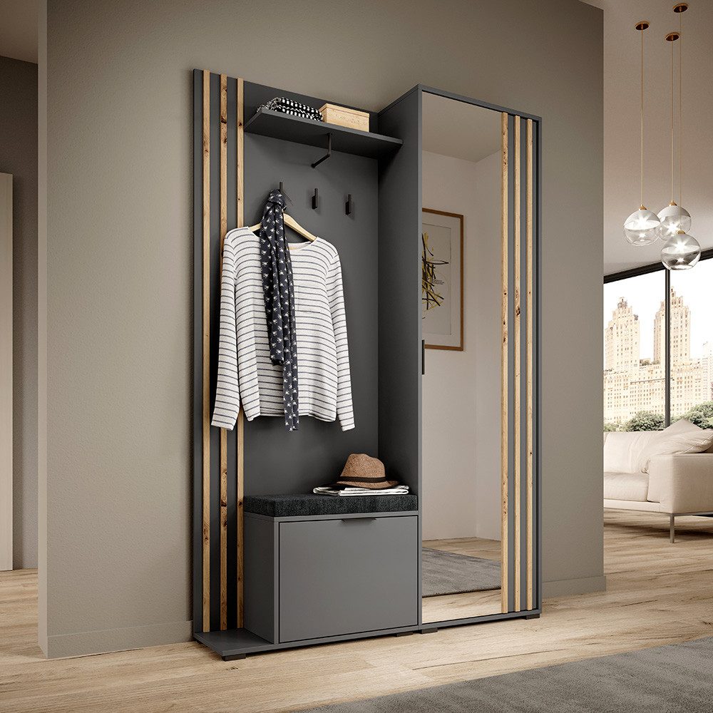 Lomadox Garderobenschrank NAMUR-160 in Graphit, 131 cm breit, mit Lamellen in Eiche
