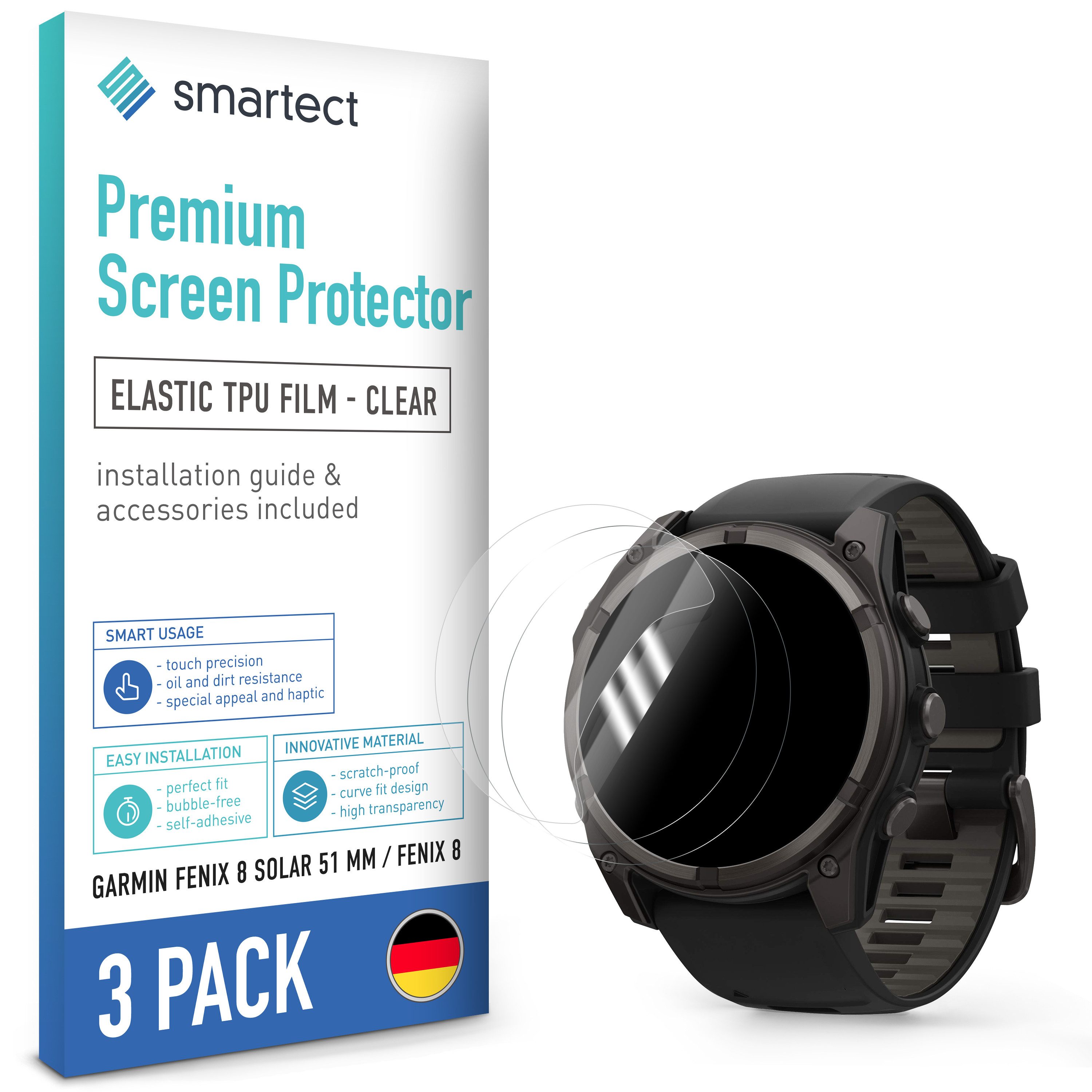 smartect Displayschutzfolie TPU Schutzfolie Klar für Garmin Fenix 8 Solar 51 mm / AMOLED 51 mm, Set, 3 Stück, Panzerfolie Displayfolie