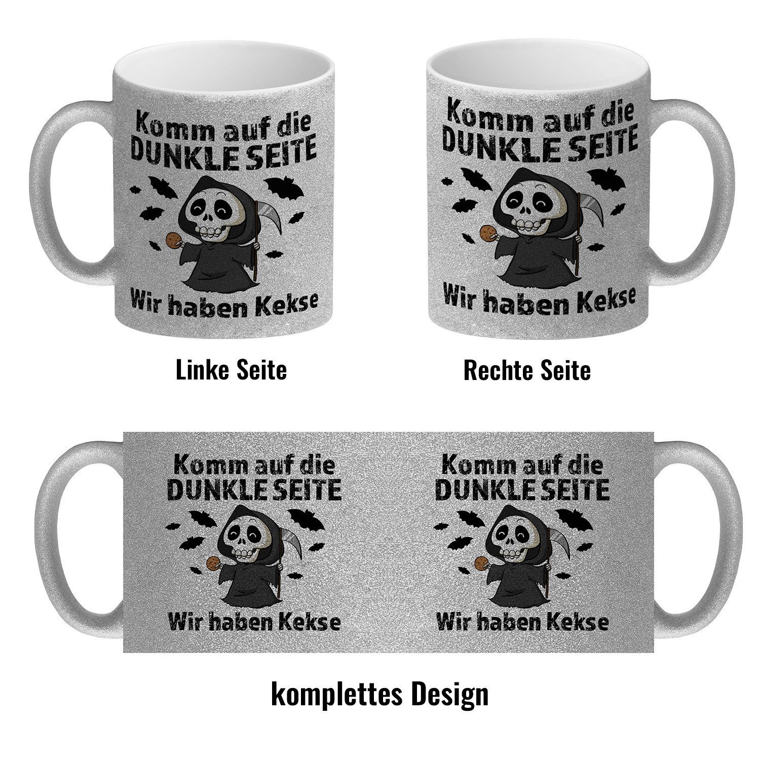 Kaffeebecher 'Komm Auf Die Dunkle Seite...' – Schwarzer Becher Mit Sensenmann & Fledermäusen (300 Ml)