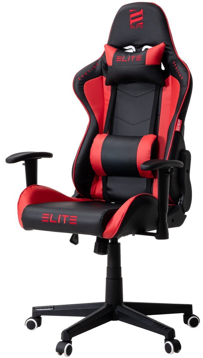 ELITE Gaming Gaming-Stuhl Ergonomischer Bürostuhl Destiny inkl. Rücken- & Nackenkissen (Drehstuhl mit 2D-Armstützen, verriegelbare Wippmechanik, mechanische Härtegradeinstellung, verstellbare Sitzhöhe, 90° klappbare Rückenlehne, Sicherheits-Doppelrollen, 5-Stern Fußkreuz, 360 Grad horizontal drehbar, PVC Memory-Schaum, Sicherheitsgasdruckfeder, Hohe Belastbarkeit bis 150 kg, Chefsessel, Drehsessel, Racing Chair, Gaming Chair, Computerstuhl, Racingstuhl, Pflegeleicht, hochwertige Verarbeitung, Computer Stuhl mit Racing-Design, 1 St), Zockerstuhl - Home Office - Gaming Stuhl - bis 170 kg