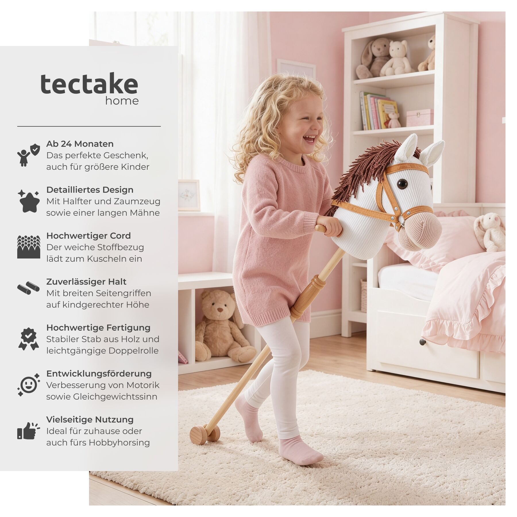 tectake Steckenpferd Hobby Horse mit Rollen - Detailreiches Design für Kinder, (Stockpferd in Weiß, 1 St), Stabiler Holzstab mit Doppelrolle für leichtes Gleiten