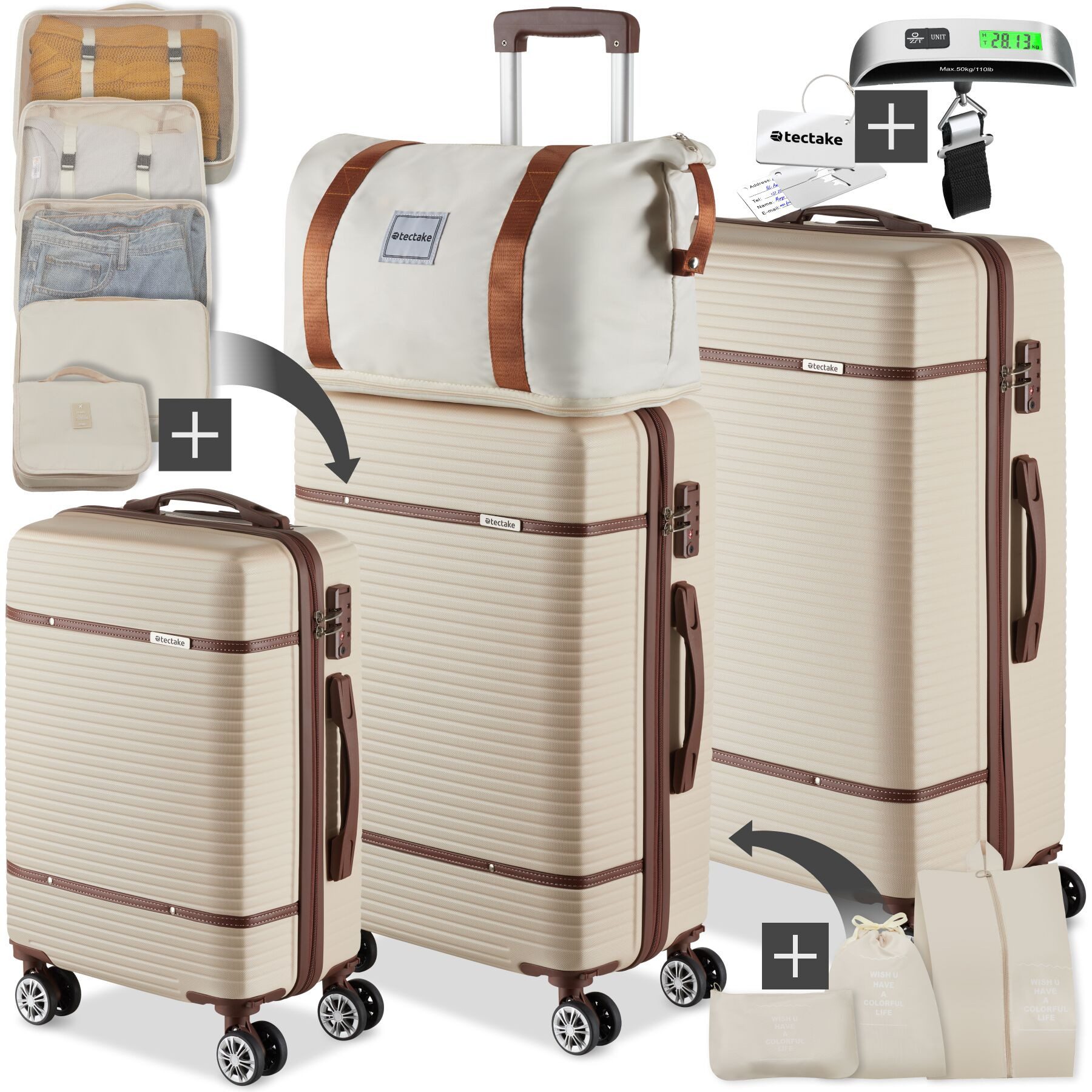 tectake Trolley Hartschalenkoffer-Set 13-tlg. ABS-Kunststoff, inkl. Kofferwaage, 4 Rollen, TSA-Sicherheitszahlenschloss, 360° drehbare, abnehmbare Doppelrollen