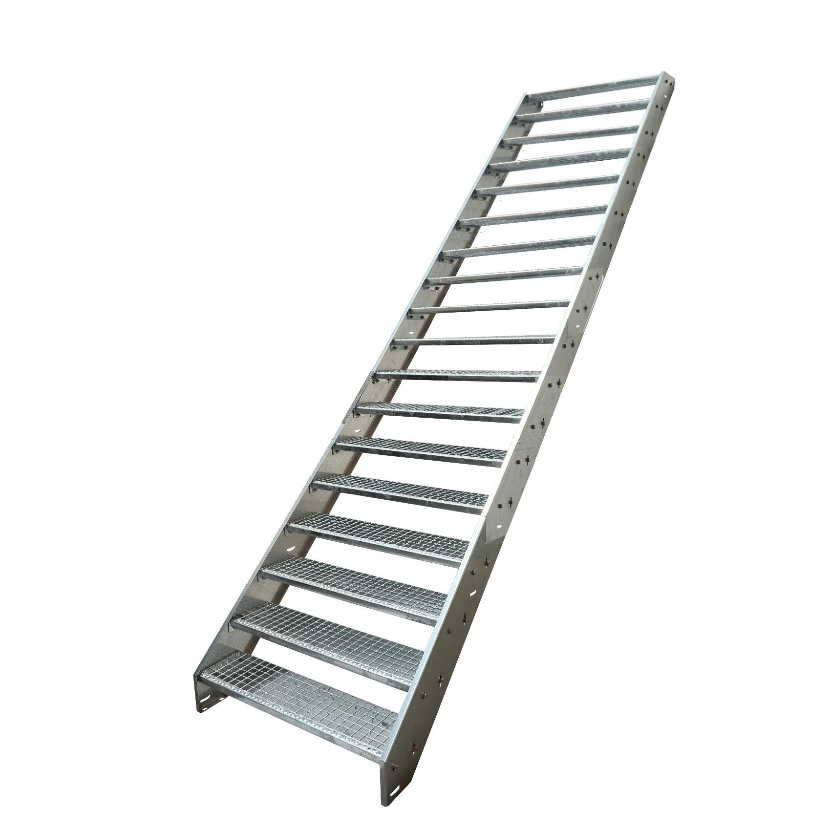 Kaminbau Mierzwa Außentreppe Stahltreppe 18 Stufen Verzinkt mit und ohne Geländer Höhe 342 cm, für Geschosshöhen bis 342 cm, Stufen Gitterroststufen nach DIN 24531, (Stufenbreite und Geländerart wählbar), Aus Premium Materialien hergestellt