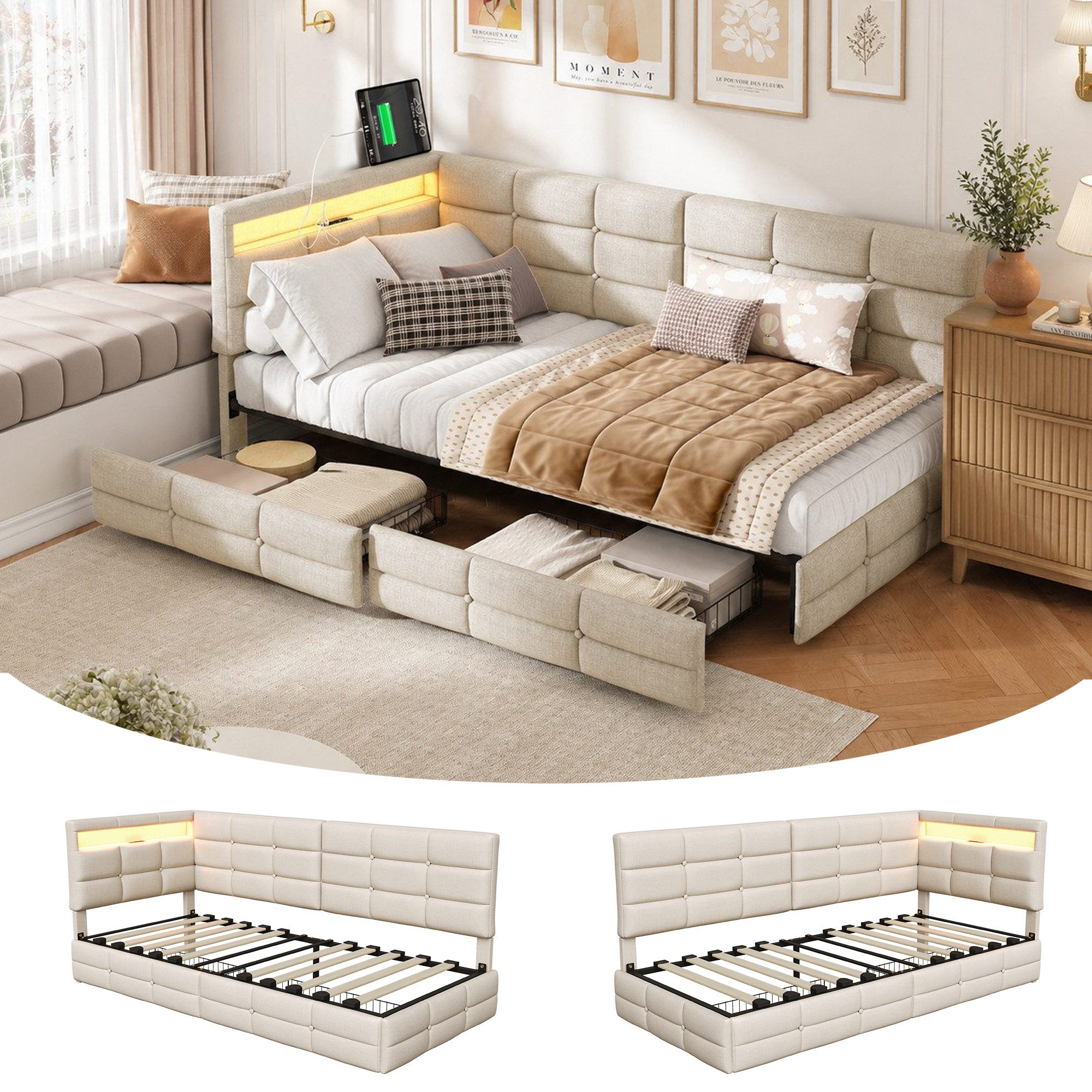 Furnishings Home Polsterbett LED Tagesbett Daybett 90x200cm, Stauraumbett mit Kopfteil (Kopfteil beidseitig montierbar Geeignet für Jungen und Mädchen), mit Lattenrost und Ladefunktion, mit Komforthöhe, Leises Design Bett
