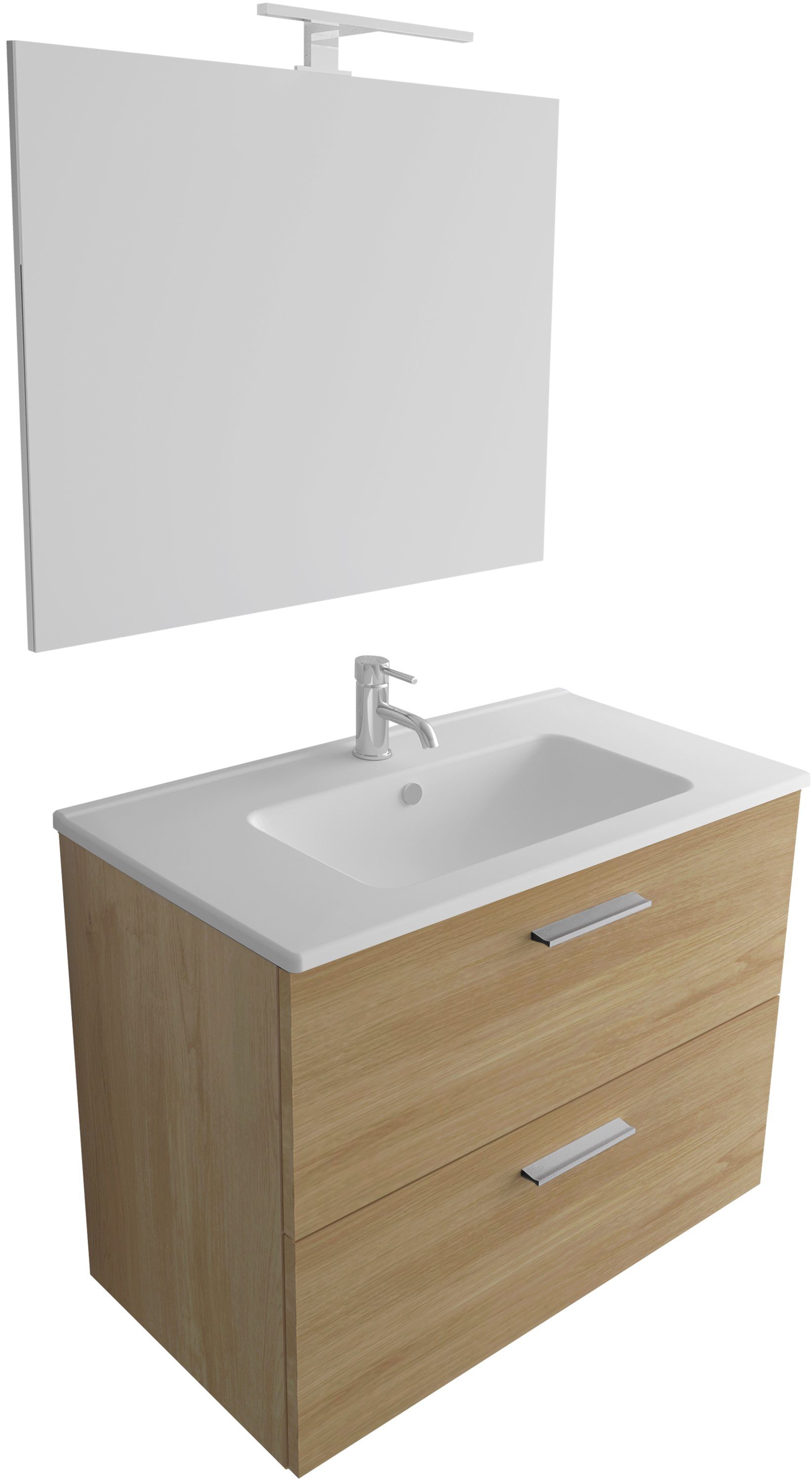 Vitra Badmöbel-Set - Waschbecken mit Unterschrank 80 cm Braun & Wandspiegel mit LED, (Badezimmermöbel Set 3 Teilig Vormontiert, 3-St., Keramik Waschbecken & Waschbeckenunterschrank & Spiegel), Badezimmer Set Мебель mit Badspiegel - Badschrank mit Softclose