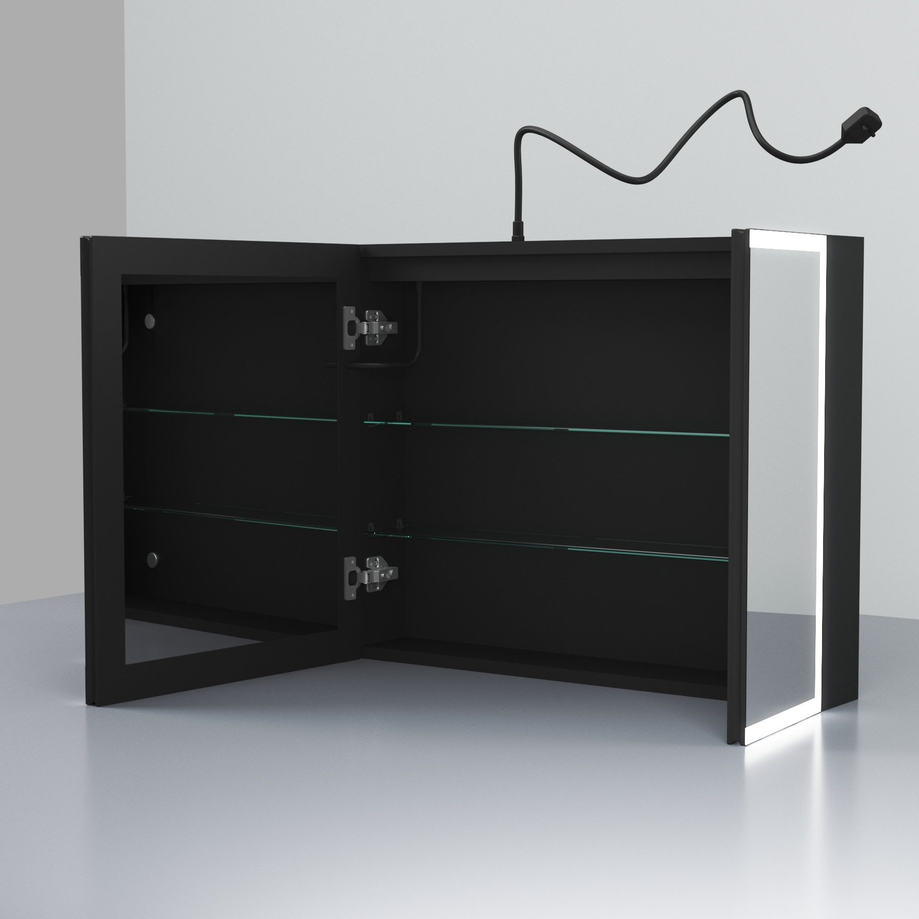 WDWRITTI Spiegelschrank Bad mit Beleuchtung 80 x 60 cm Badezimmerspiegelschrank LED 2 türen (Schrank Schwarz matt, Anti-fog, 3Lichtmodi, Dimmbar, Speicherfunktion, Doppelseitiger Spiegel, Verstellbare Glasböden) Metall Schrank, mit Netzadapter