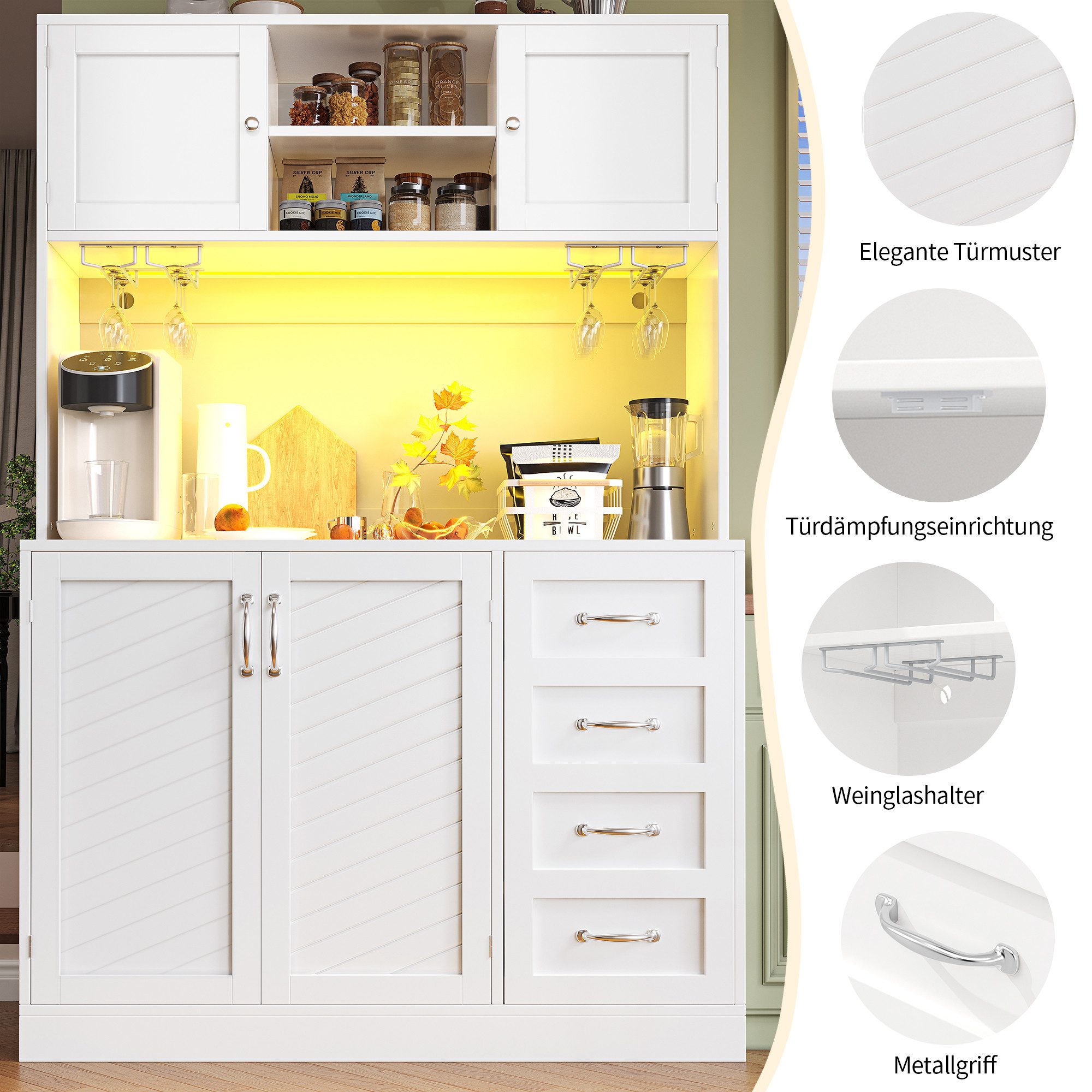 Odikalo Küchenbuffet Küchenschrank Buffetschrank mit LED & Schubladen (120x40x188cm, mit LED-Beleuchtung, Snackregal & Getränkehaltern, 4 Türen & 2 große Schubl – Bild 3 von 5