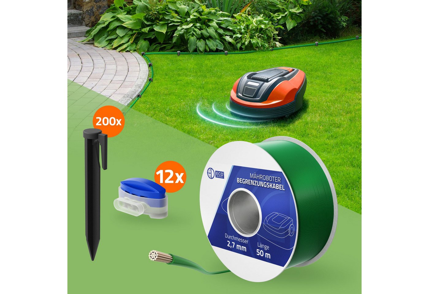 ECD Germany Universal Begrenzungsdraht aus Kupfer verzinnt für Mähroboter Begrenzungskabel, (500 cm), Kabel für Rasenmäher Rasenroboter Grün mit 200 Erdnägel grün ECD Germany Universal Begrenzungsdraht aus Kupfer verzinnt für Mähroboter Begrenzungskabel, (500 cm), Kabel für Rasenmäher Rasenroboter Grün mit 200 Erdnägel grün