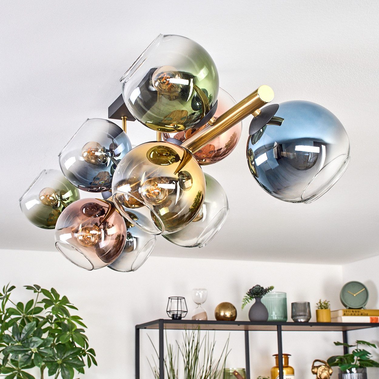 hofstein Deckenleuchte Deckenlampe aus Metall/Glas in Schwarz/Gold/Blau/Grün/Kupfer/Klar, Deckenleuchte im Retro/Vintage-Design (Schirme Ø 15 cm), 10 x E14