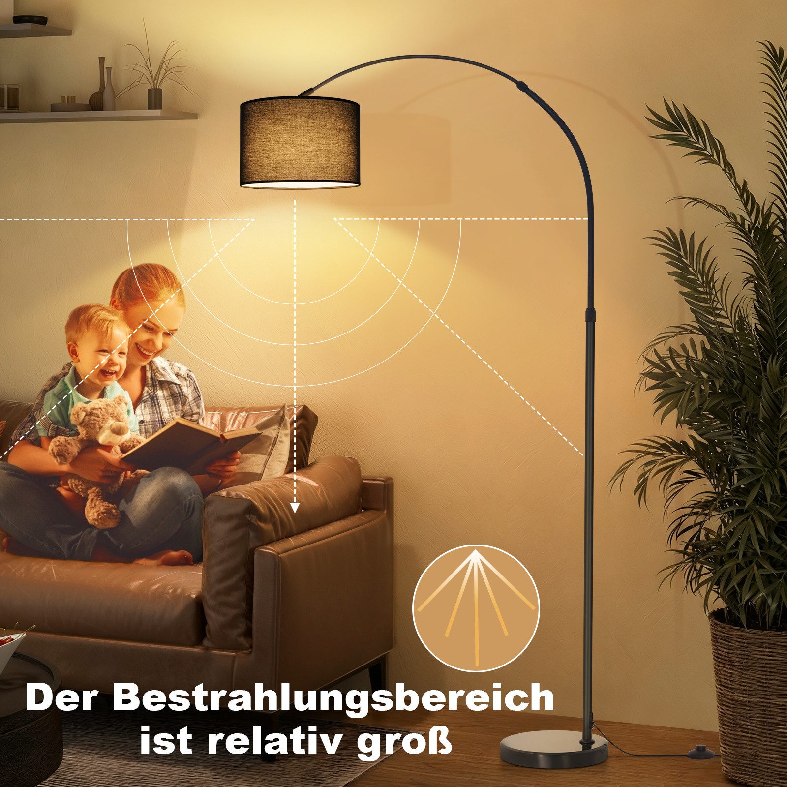 Nettlife Stehlampe standleuchte Bogenlampe schwarz Stoffschirm 181cm E27 Eisenständer, ohne Leuchtmittel, für Wohnzimmer Stoffschirm Ø30 cm 181 cm hoch, E27 – Bild 5 von 5