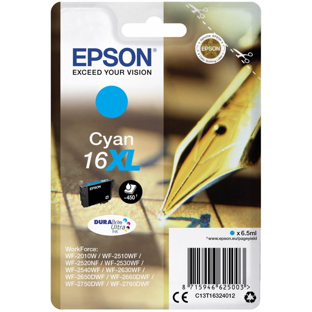 Epson Epson 16XL DURABrite Ultra Tintenpatrone cyan für Drucker. Tintenpatrone (Echt/Original, Wisch- und wasserfest)